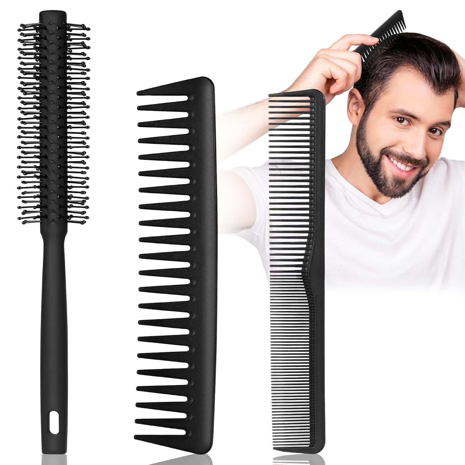 3PCS Hair Styling Combs and Brush Set for Men, Roller Brush for Adding Volume – Professional Barber Tools for All Hair Types, Perfect for Styling, Grooming, and Detangling