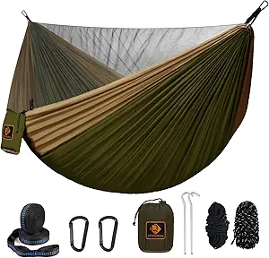 Camping Hammock with Mosquito Net and Tree Straps - Lightweight Nylon Parachute Double Hammock for Travel, Hiking, Backpacking, Beach, Patio - Green & Khaki