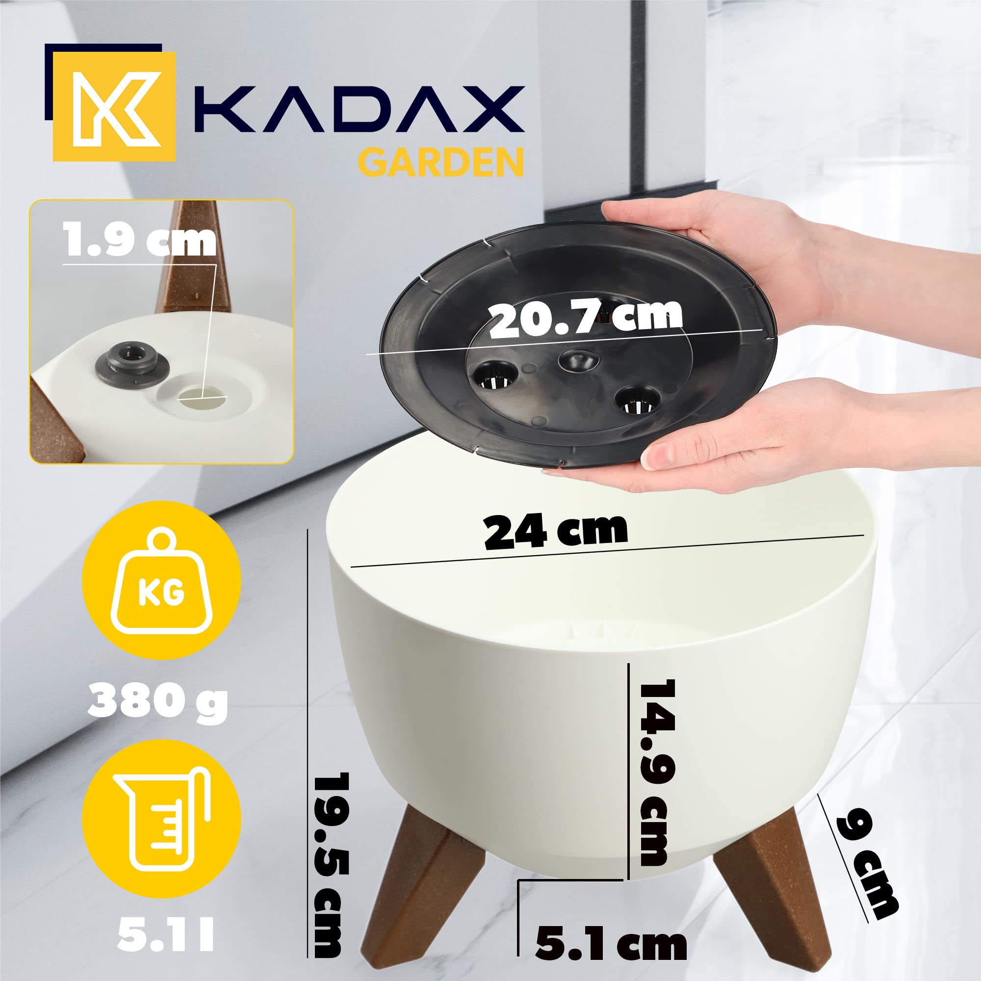 KADAX Maceta Decorativa de Plástico con Soporte Integrado, Macetero con Tres Patas de Imitación Madera para Interior y Exterior (Blanco, 24 cm)