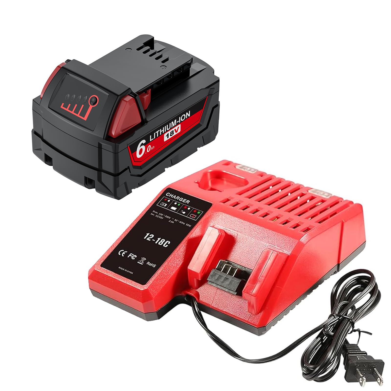 18V 6.0Ah Lithium Replacement for Milwaukee M18 Battery and Charger Combo Compatible with 48-11-1850 48-11-1865 48-11-1852 48-11-1840 48-11-1820 48-11-1828