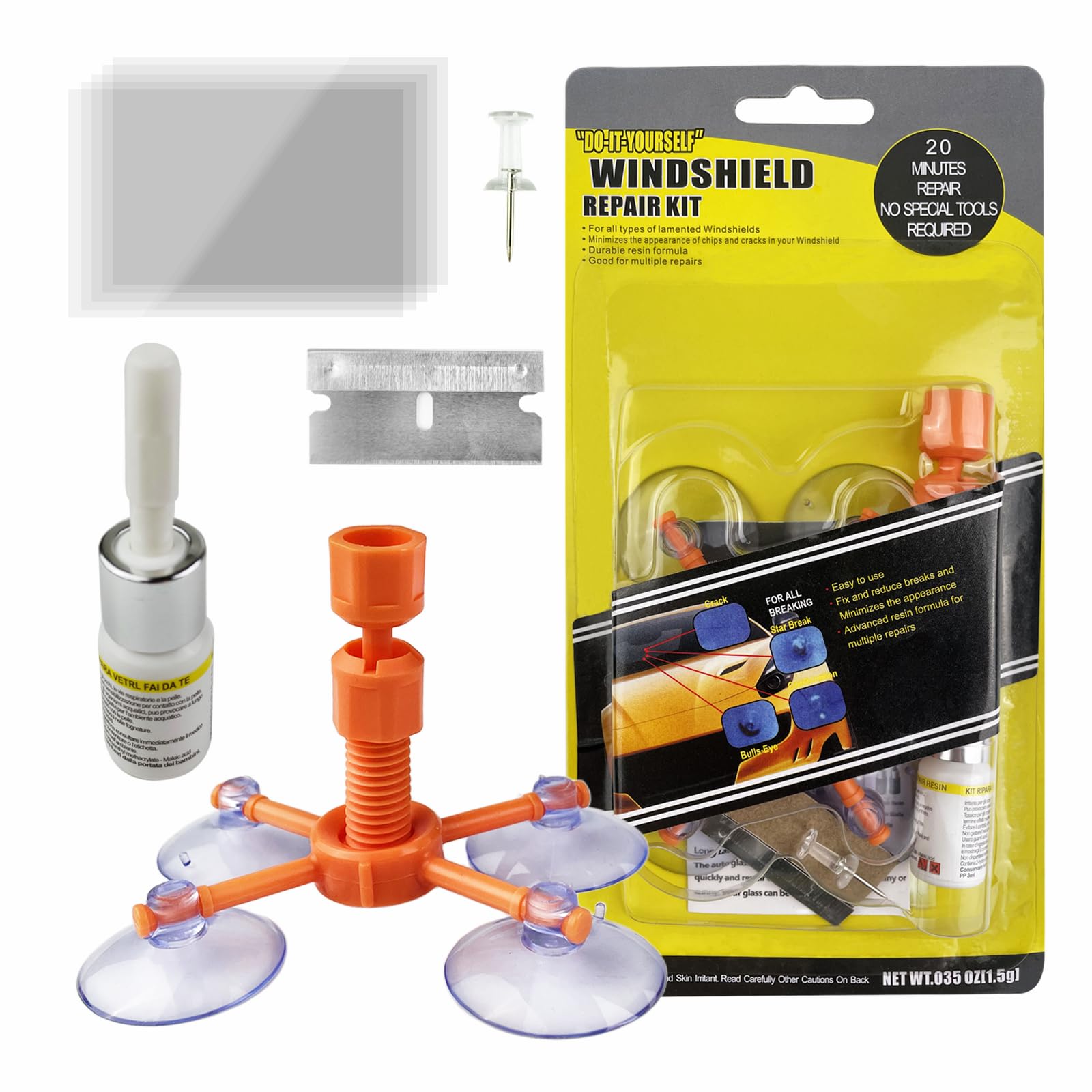 Kit Riparazione Crepe Vetro, Auto Kit Riparazione Parabrezza con Resina Riparazione Parabrezza per Car Parabrezza Chips e Cracks, Bulls-Eye, Ragnatela, Star-Shaped, Nicks, Mezzaluna