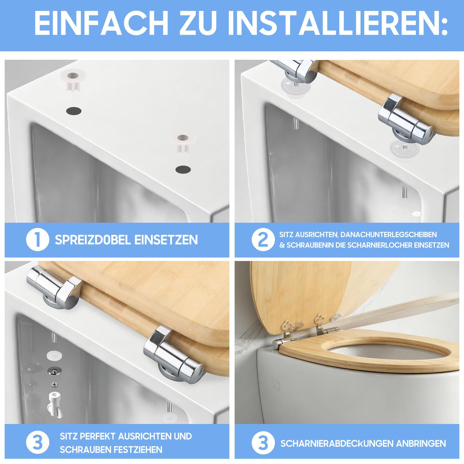 sanicomfort Asiento de inodoro de bambú con dispositivo de descenso automático para un cierre silencioso, cómodo y cálido, tapa de bambú macizo, soporta hasta 150 kg