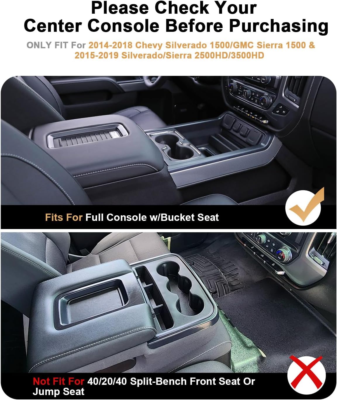 Center Console Organizer For 2014-2018 Silverado/Sierra 1500 - 2 Pcs Console Organizer Tray + Armrest Organizer 2015-2019 Silverado/Sierra 2500HD/3500HD Accessories - Full Console w/Bucket Seat ONLY