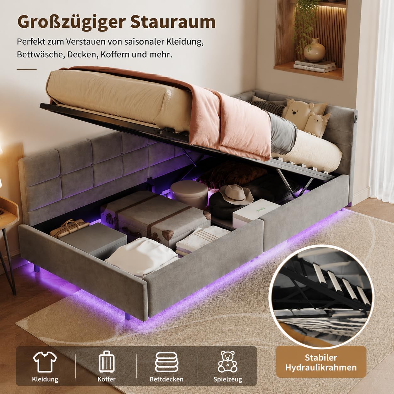 Hydrauliquet rozkładana sofa 90 x 200 cm, łóżko bagażowe 90 x 200 z LED i gniazdem USB, aksamitna tkanina, 1-osobowa sofa łóżko pojedyncze ze stelażem na listwę, rama łóżka dla dzieci i młodzieży
