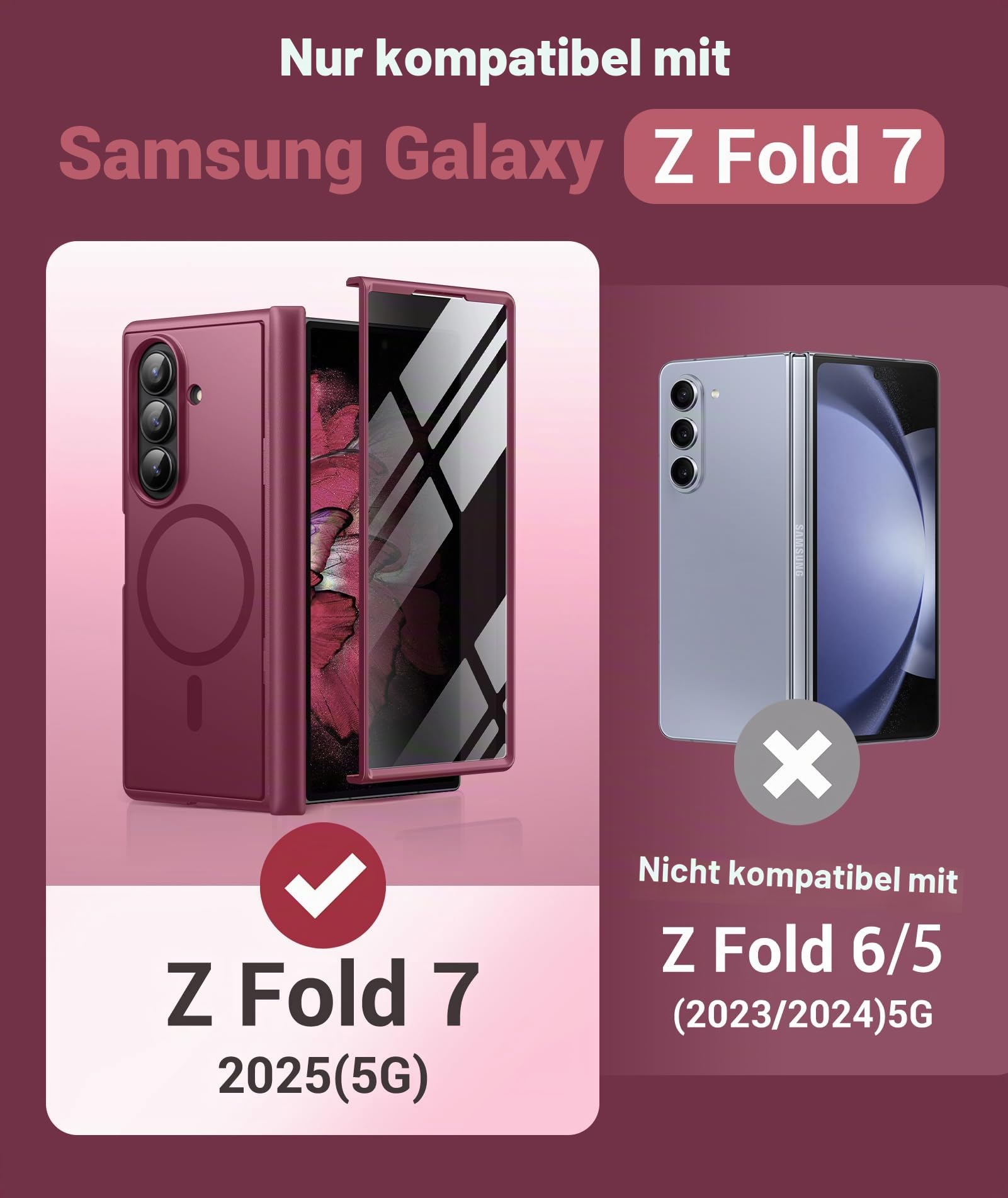 BERFY Hülle für Galaxy Z Fold 7 mit Datenschutz Displayschutz,rot | Kompatibel mit MagSafe, versteckter Ständer, Scharnierschutz in Militärqualität, stoßfest, magnetisch, schlanke Handyhülle