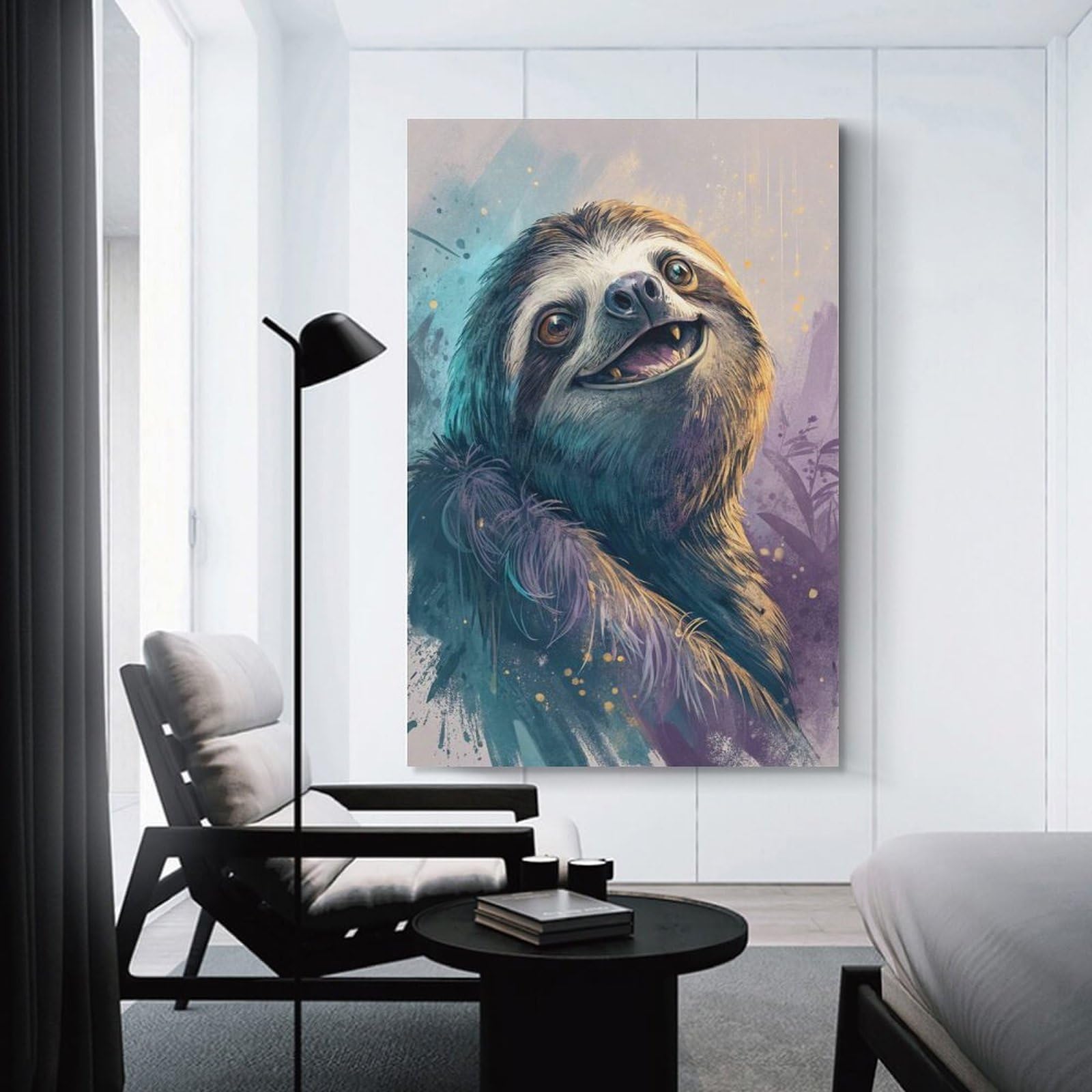 Junmoney Smiling Sloth Portrait Hanging Wall Art, 24x36inch(60x90cm), for Bedroom, Guest Room Or Reading Nook, Home Artwork with A Soft Interior Feel