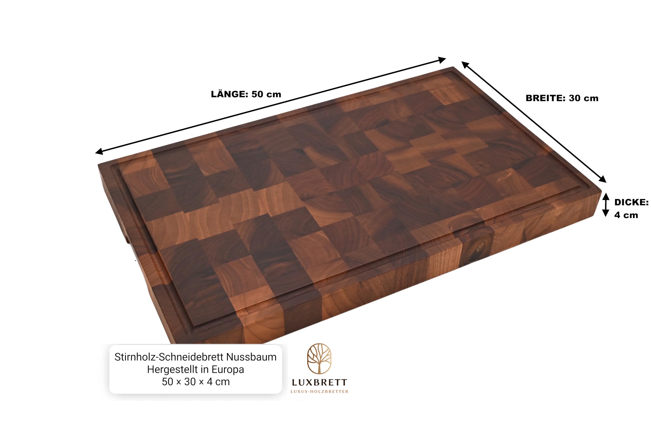 Schneidebrett, Nussbaum, Stirnholz, 50 x 30 x 4 cm, massives Holzbrett, LuxBrett