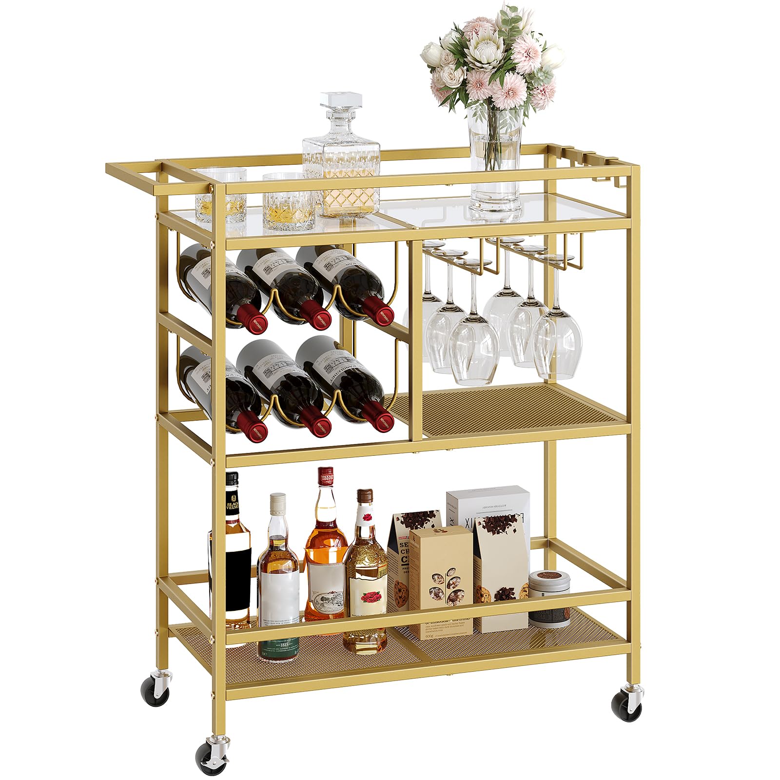 MAHANCRIS Chariot Ménager, Desserte de Service Roulant à 3 Niveaux avec Poignée, Chariot à Boissons avec Porte-Verres et Porte-Bouteilles, pour Cuisine, Salle à Manger, Or ARCJ61B01