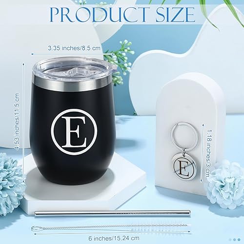 Miniatura 9 de Dandat Vaso de vino personalizado con llavero personalizado, taza inicial de viaje de acero inoxidable negro de 12 onzas con tapa y popote para