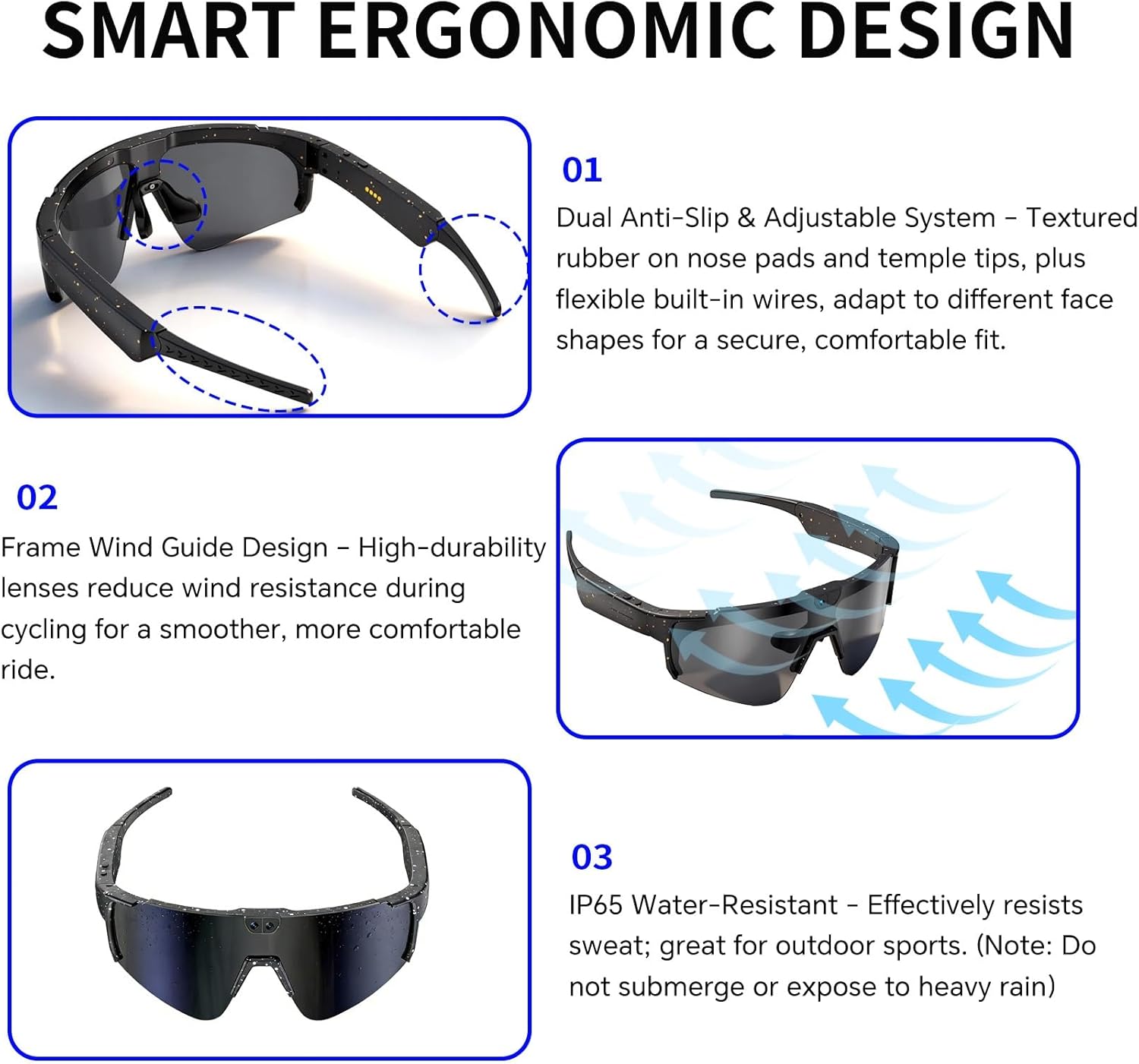Smart AI Glasses with Camera, Video Recording Glasses with Anti-Shake, Smart Bluetooth Sunglasses for Men Women, Noise Cancellation, Voice Assistant, Smart Sunglasses For Hiking/Cycling/Running