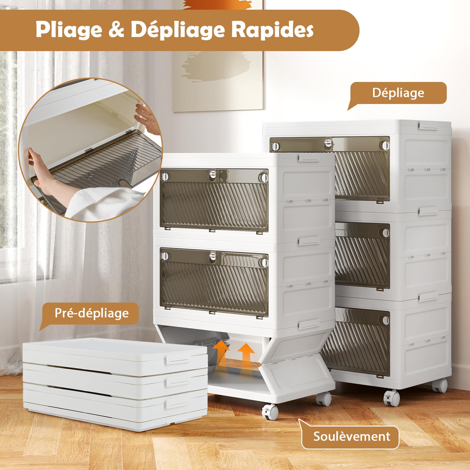 Stapelbare Aufbewahrungsbox mit 3 Ebenen, 42 l pro Ebene, seitliche Clip-Verriegelungen, transparenter abschließbarer Deckel und 2 transparente Türen, ideal für Schlafzimmer und Wohnzimmer