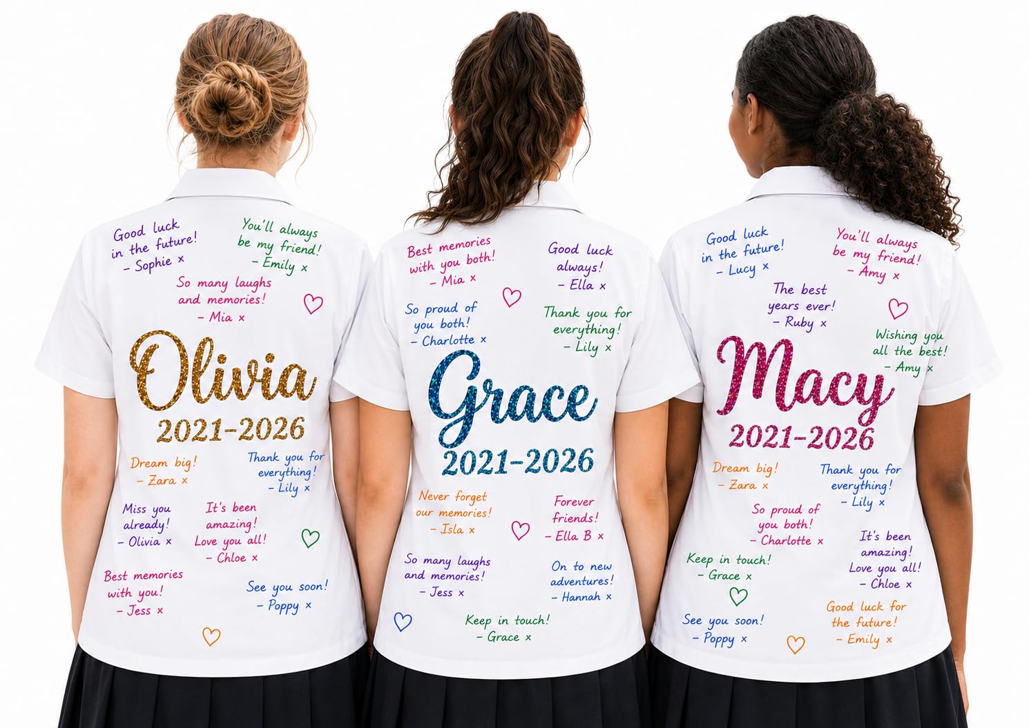 School Leavers 2026, End of School, Graduation Personalised Name Text Glitter Holographic Iron On Hot Fix T-Shirt Transfer - Various Fonts