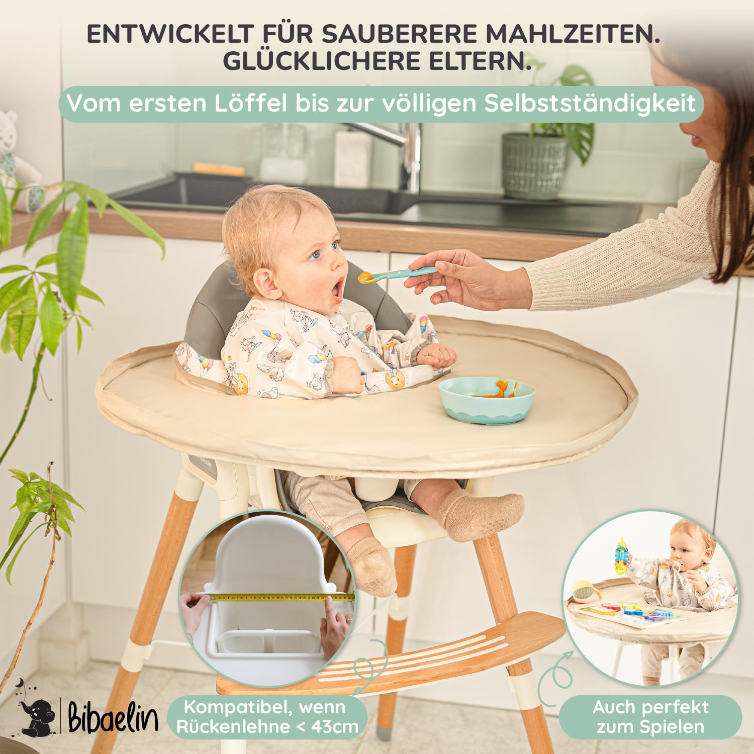 BIBATRAY™ M – Ärmellätzchen-Set & Auffangschale für Breifrei/BLW – Wasserdicht & Abwaschbar – Universeller Hochstuhl-Schutz (Kompatibel mit IKEA Antilop) – Inkl. Tasche – 6+ Monate