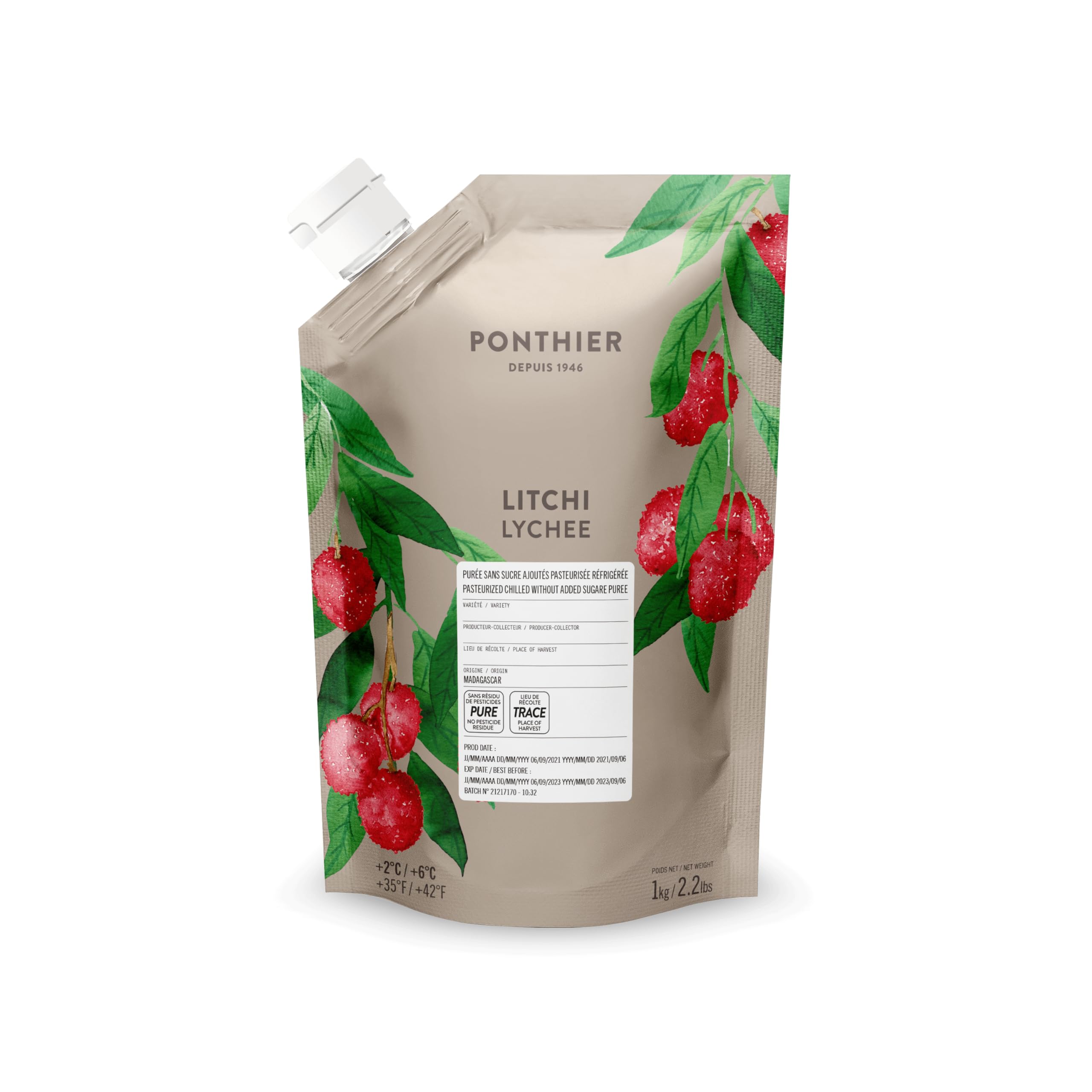 PONTHIER Litschi Püree 1 kg – gekühltes Lychee Fruchtpüree, tropisch-floral, für Sorbet, Eis, Smoothies, Desserts, Cocktails, Bowls, Bar & Gastronomie