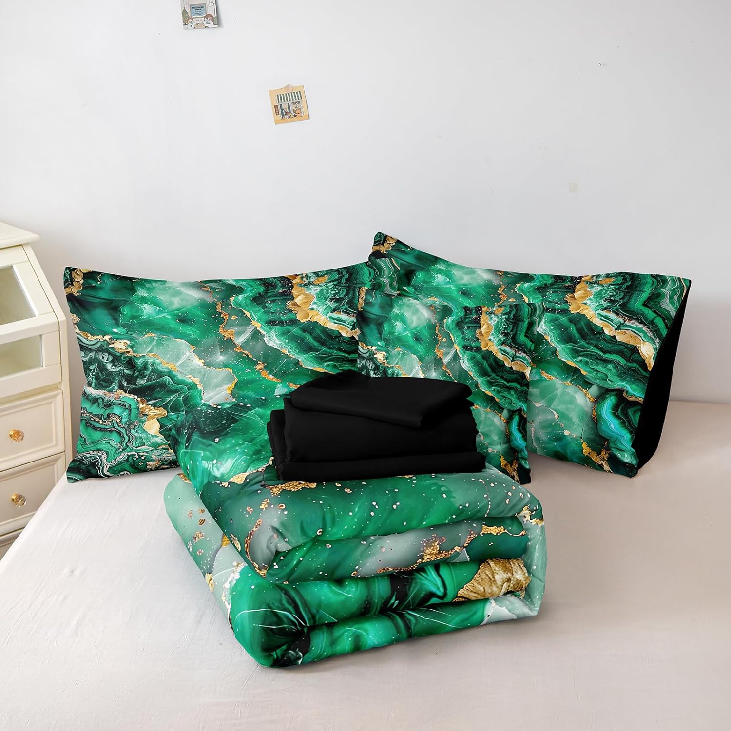 Bedbay Black Gold Comforter Set King Size Green Gold Marble Comforter 8 Pcs Emerald Green King Bed in a Bag Marble Bedding Set 1 Comforter 4 Pillowcases 1 Flat Sheet 1 Fitted Sheet 1 Cushion Cover