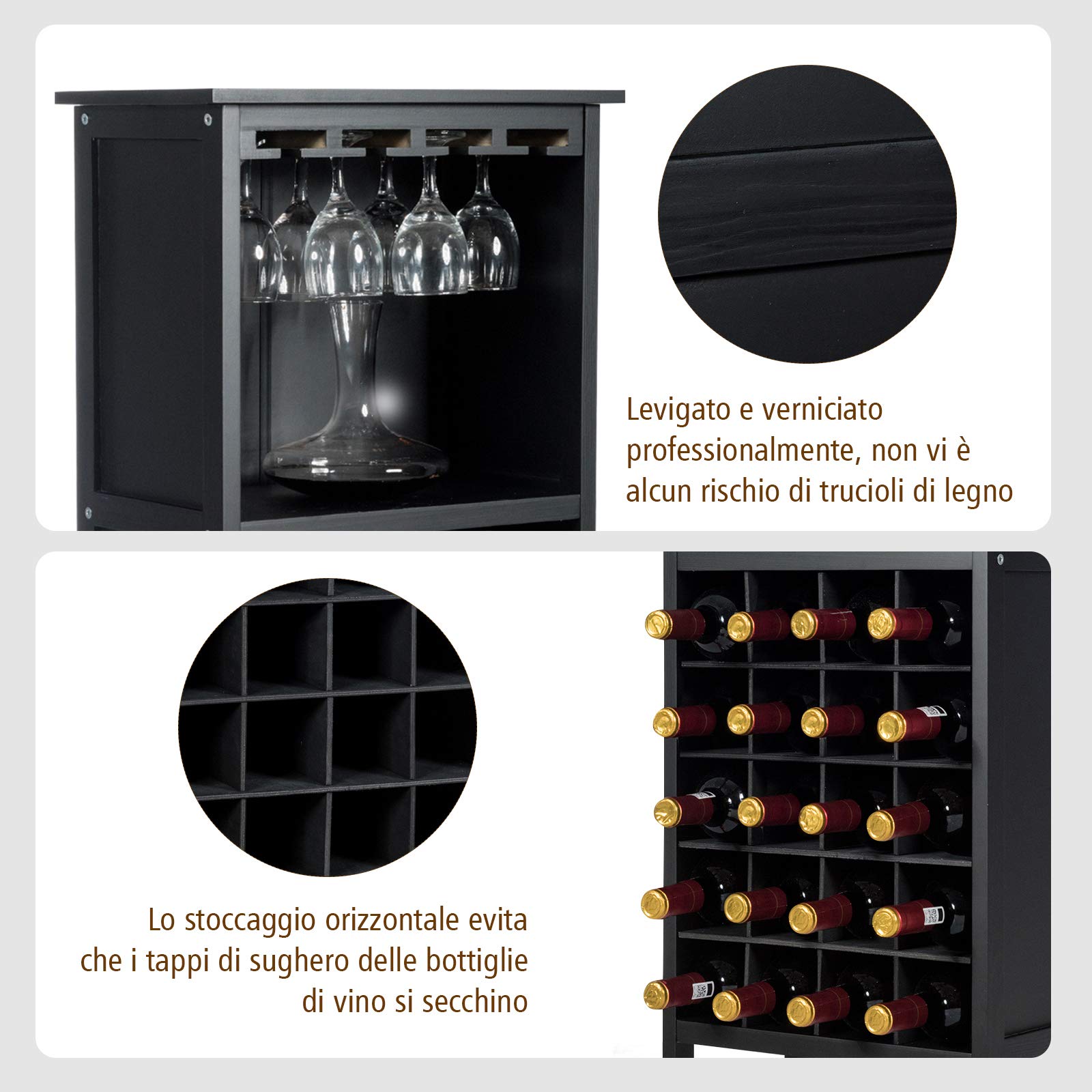 Cantinetta Per Vino In Legno Massello - Tiene 20+ Bottiglie, Appendicalici, Design Vintage, Colore Nero