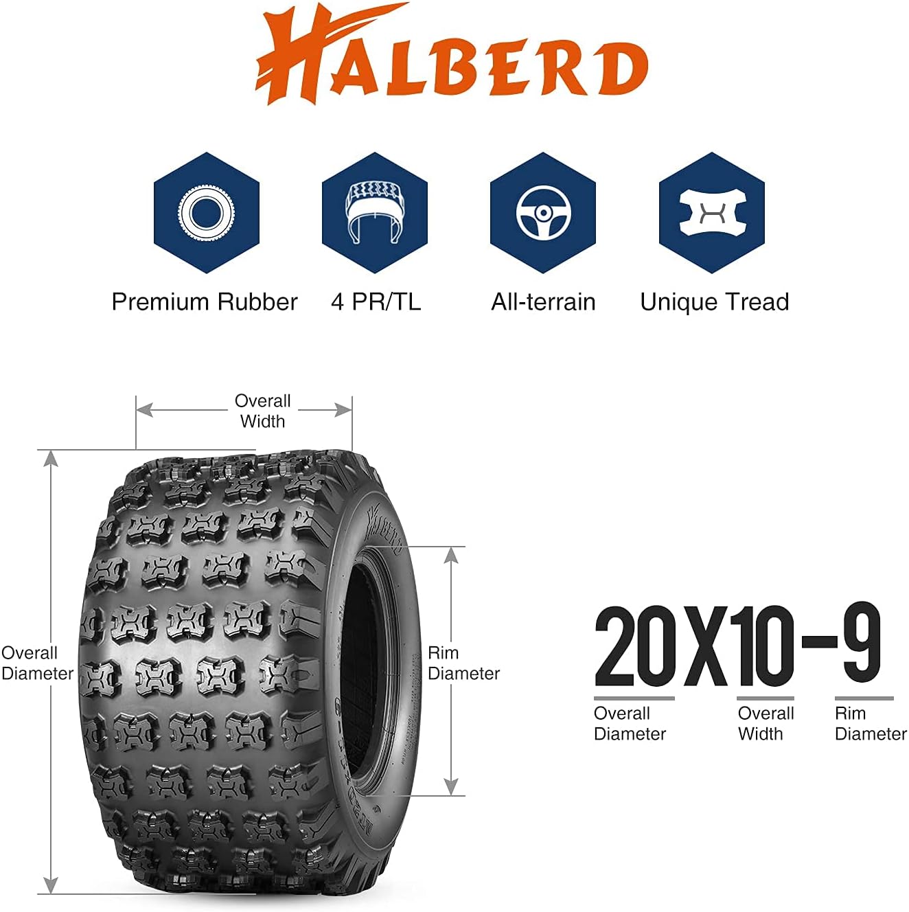 HALBERD ATV Tires, 20x10-9 Sport Quad ATV Tires, 4 Ply 20x10x9 All Terrain Rear Tires Fit All 9” Rims(Pack of 1, Tubeless)