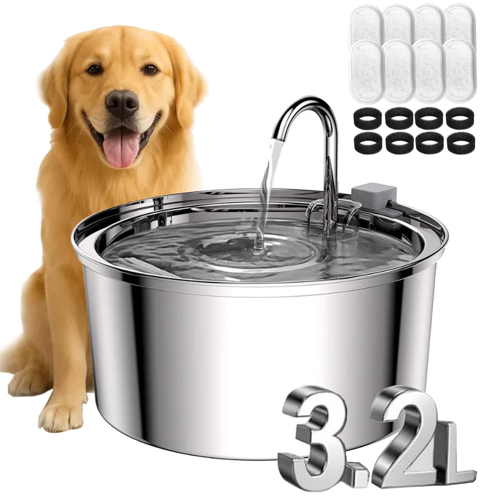 Der antibakterielle Trinkbrunnen mit Filtration, Hundewasserschale, 3.2 l Pawdrate Hunde-Wasserbrunnen mit Filter, Edelstahl Hundebrunnen, für Hunde und Katze (A, 3.2L)
