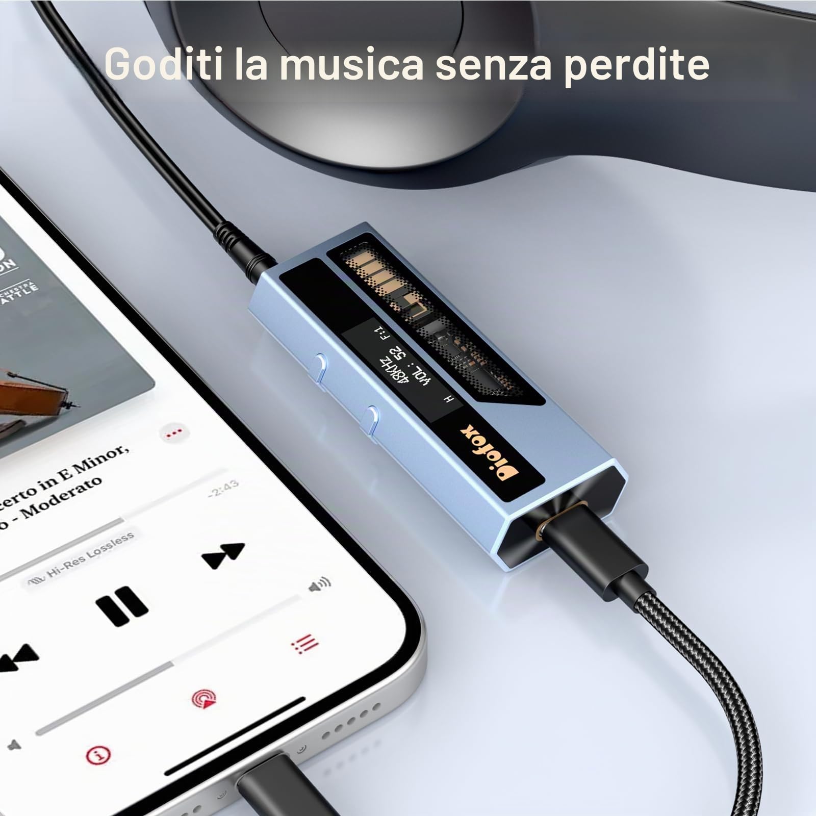 Diofox Amplificatore per Cuffie Audio DAC USB-C, Decodificatore Audio Portatile, Suono Hi-Fi Lossless, Chip ES9028Q2M, Uscita Cuffie Doppia da 3,5 mm e 4,4 mm, per PC, telefoni cellulari, iPad