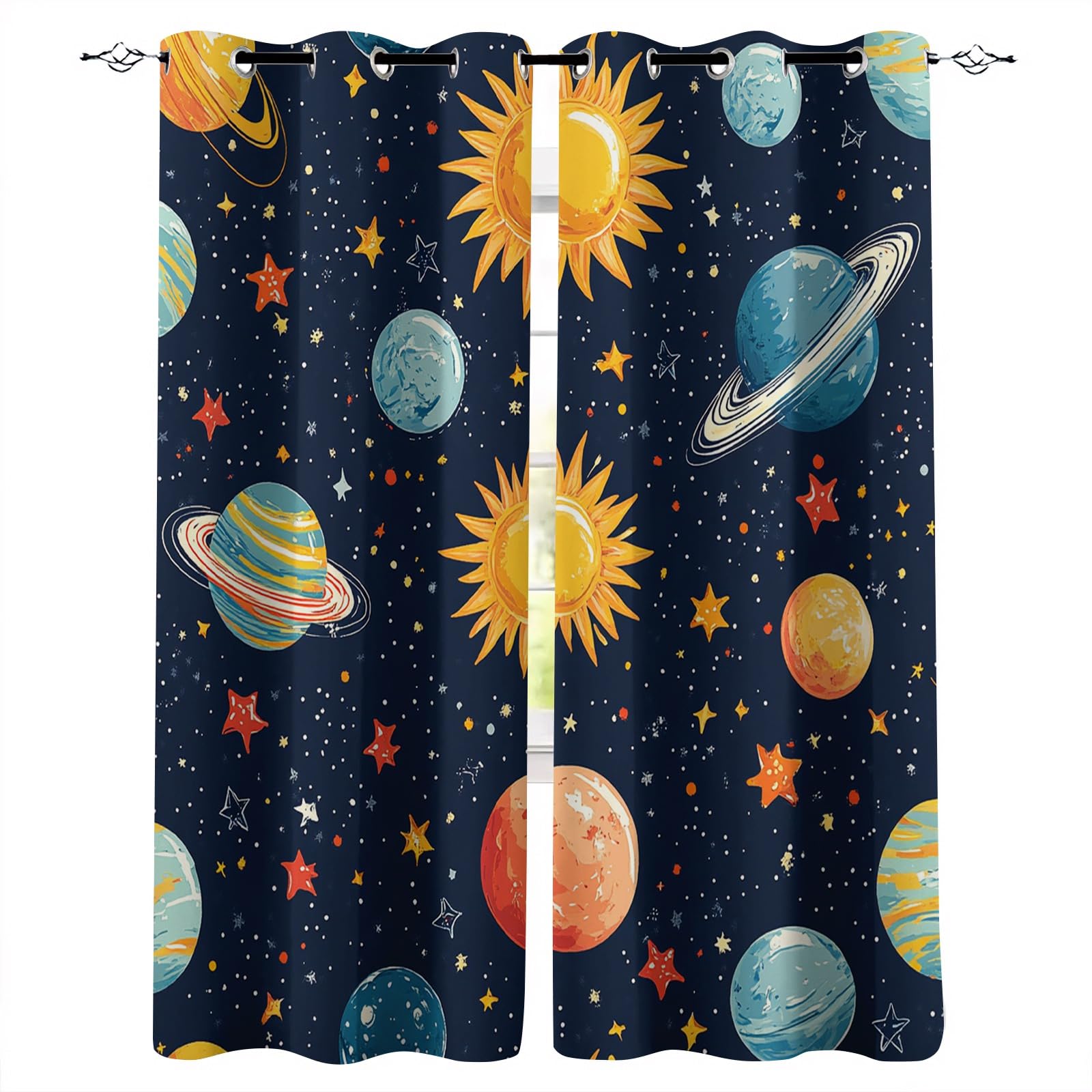 Cortinas Opacas 2 Piezas Planeta Cortinas Salon Dormitorio para Ventana 140An x 160Al cm, Planeta De Dibujos Animados Universo Opacas Curtains Termicas Aislantes para Comedor Cocina con Ojales