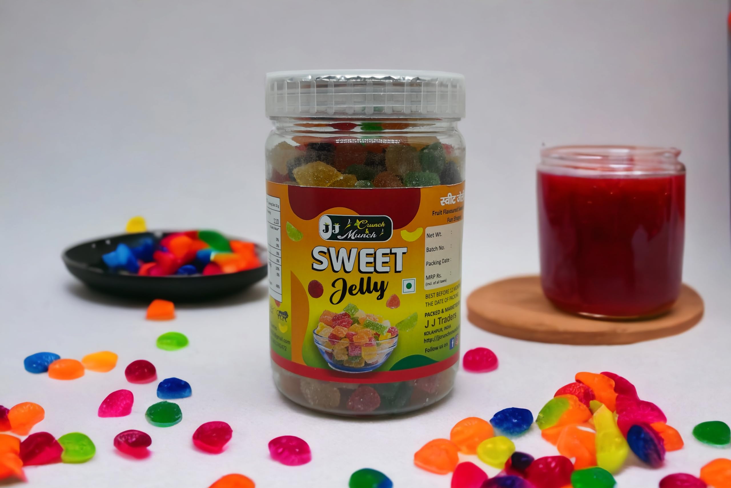 J J crunch N munch Sweet Jelly Candy Pack, Flavoured Sugar Jelly (350 Gram) Jar, Sugar Coated Sweet Fruits Candy. 1