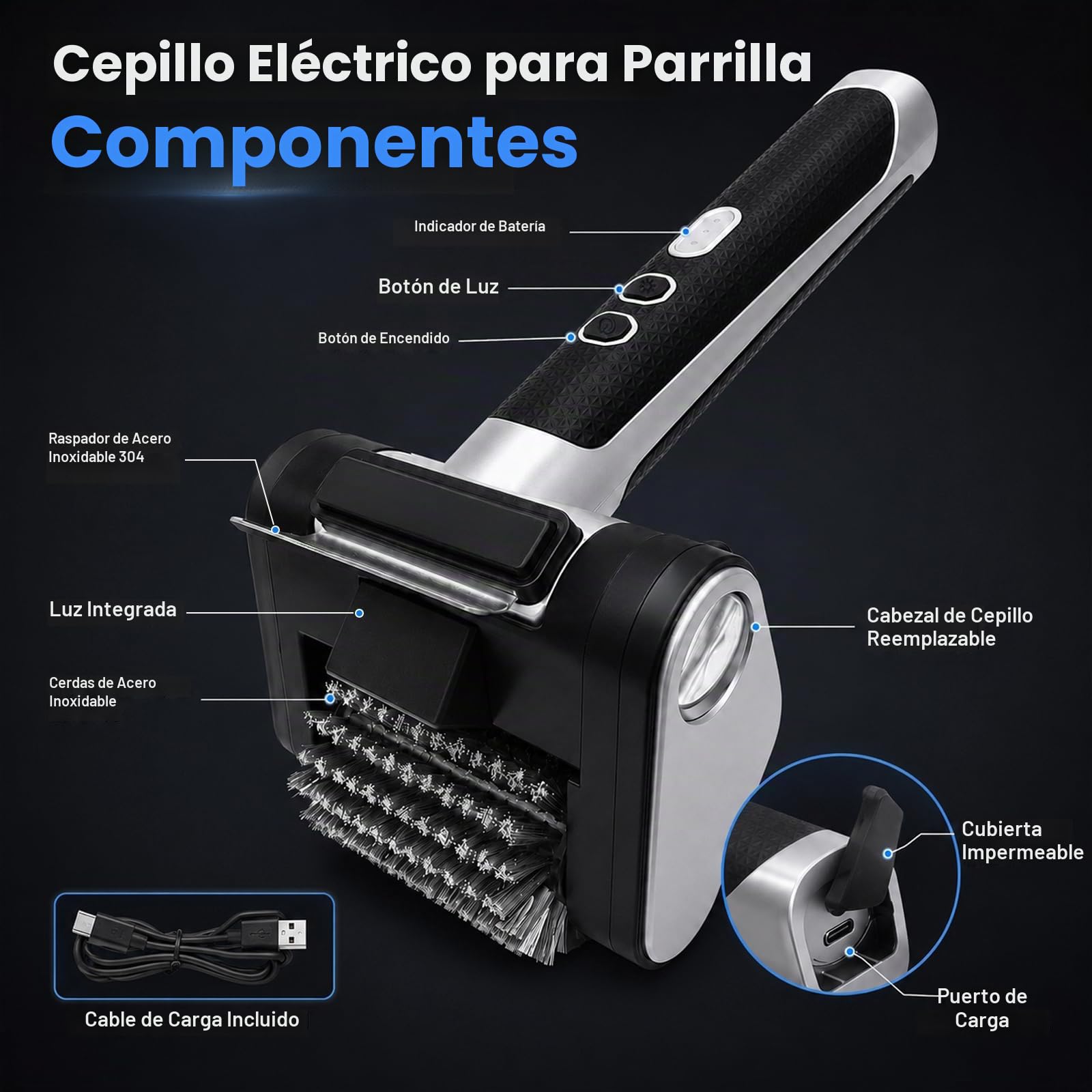 WHATOOK Cepillo Barbacoa Eléctrico, 3 Velocidades, LED, 4000 mAh, USB-C
