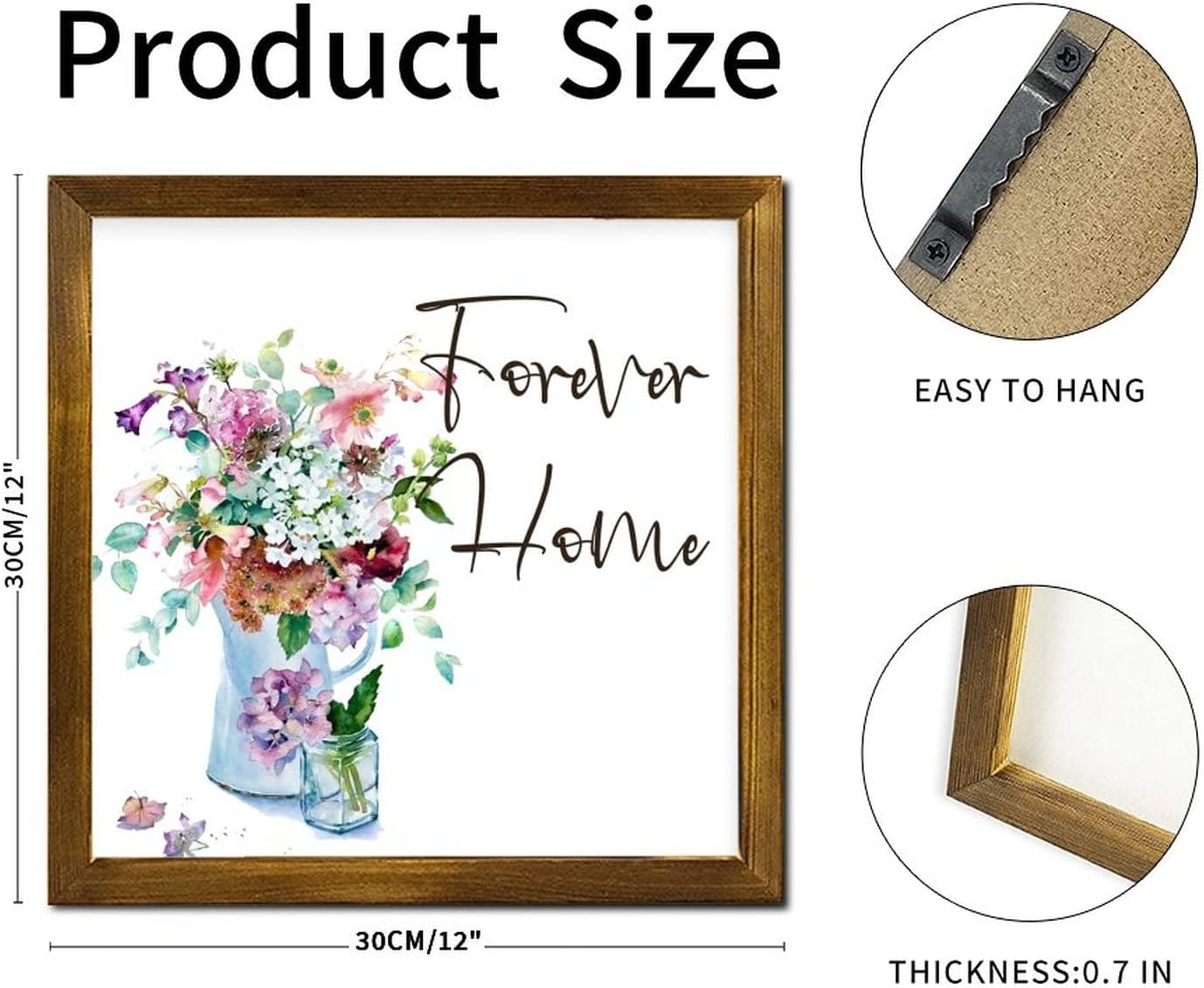 Forever Home Framed Wood Sign Spring Dahlia Flower in Kettle Wood Plank Hanging Sign Farmhouse Summer Floral Wall Decor Hanging Plaque Sign for Bedroom Living Room Home Kitchen 12x12 inch