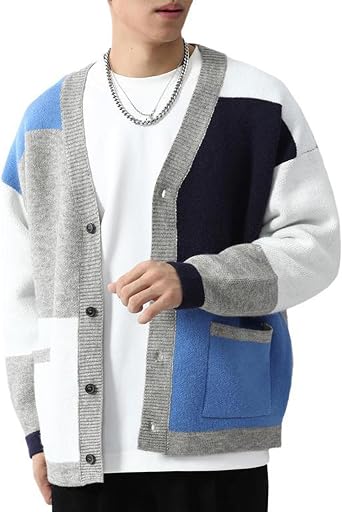 Mens V Neck Button Down Casual Cardigans Color Block Lightweight Open Sweater Fashion Knitted Cardigan Tops Blue,Large