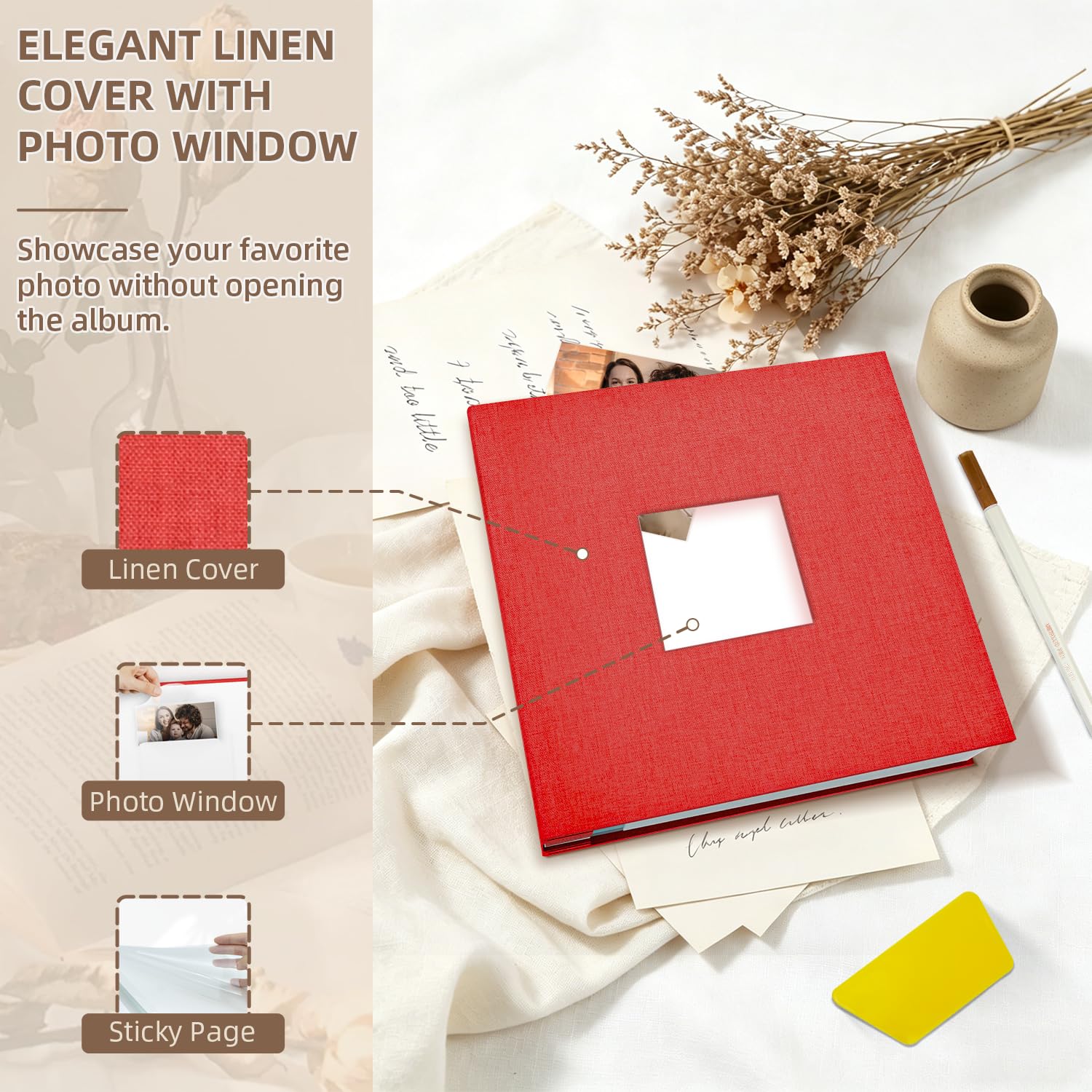 Popotop Álbum de fotos autoadhesivo con ventana de visualización de imágenes, 40 páginas, álbum de recortes para fotos de 4 x 6 pulgadas, 10 x 12 pulgadas, libro de recuerdos con cubierta de lino para