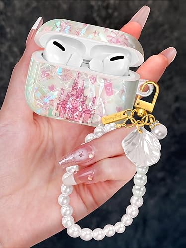 Coralogo Funda para AirPods ProPro 2 con llavero de perlas, diseño de concha con purpurina para niñas, bonita y elegante funda Kawaii para Apple