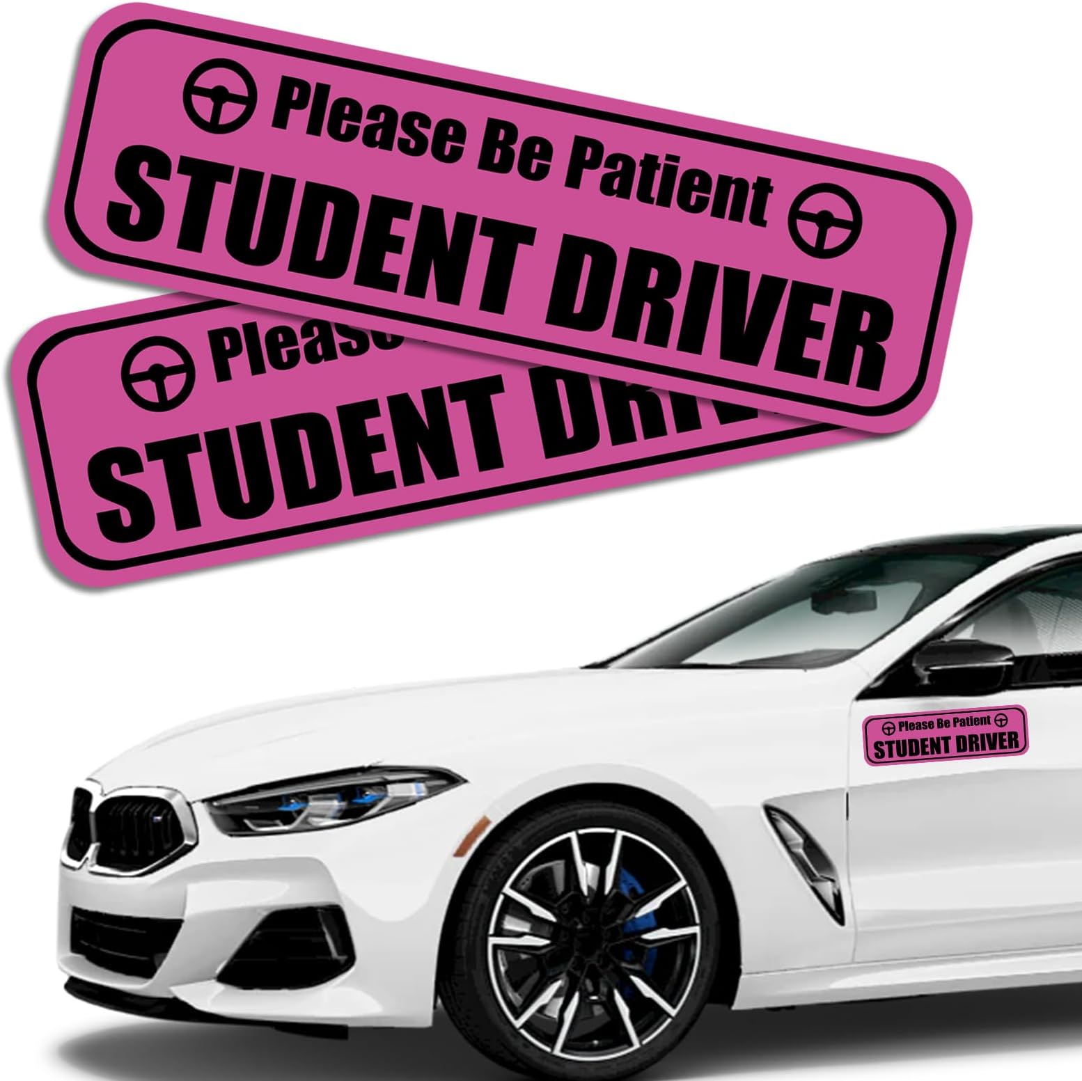 2PCS Student Driver Sticker Magnet for Car, New Driver Magnet Please Be Patient Highly Reflective Removable Student Driver Safety Sign Sticker for Car Door/Trunk/Hood/Bumper Decal(Pink)