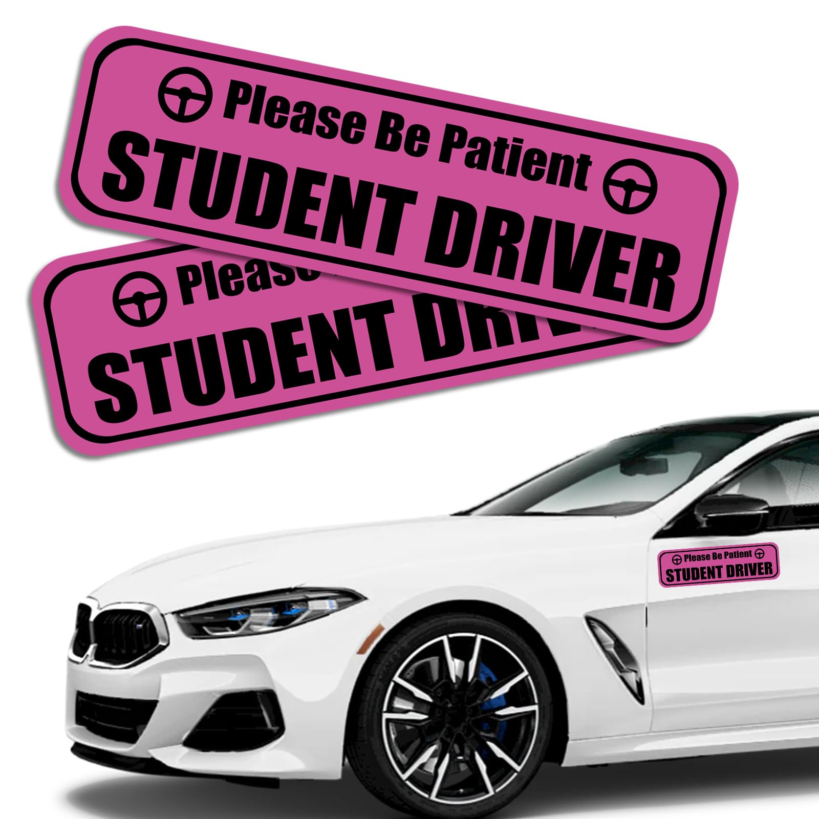 2PCS Student Driver Sticker Magnet for Car, New Driver Magnet Please Be Patient Highly Reflective Removable Student Driver Safety Sign Sticker for Car Door/Trunk/Hood/Bumper Decal(Pink)