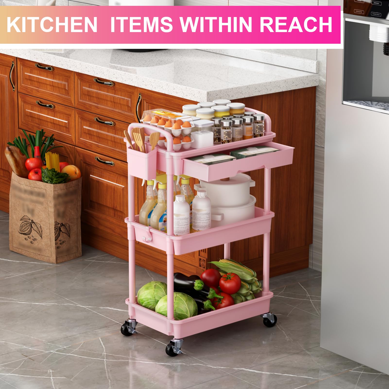 Yeabett Chariot de rangement à 3 niveaux, chariot utilitaire sur roulettes avec tiroir pour cuisine, salle de bain, bureau, salon, rose