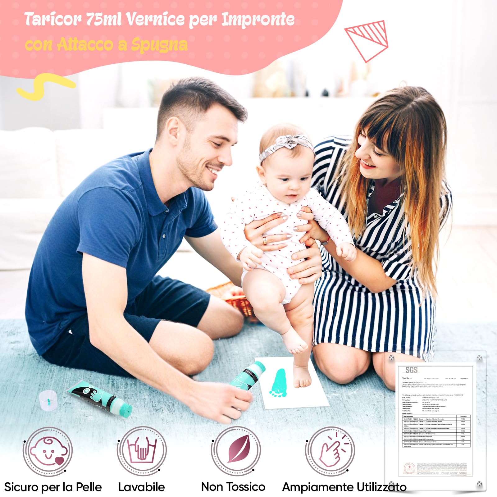 Taricor 75ml Kit Impronte Neonato, kit impronta cane Con Attacco Spugna, Inchiostro Impronta Neonato per Regalo Battesimo Bimbo, Artigianato Familiare, Regalo di Natale (Verde Menta da 75ml)