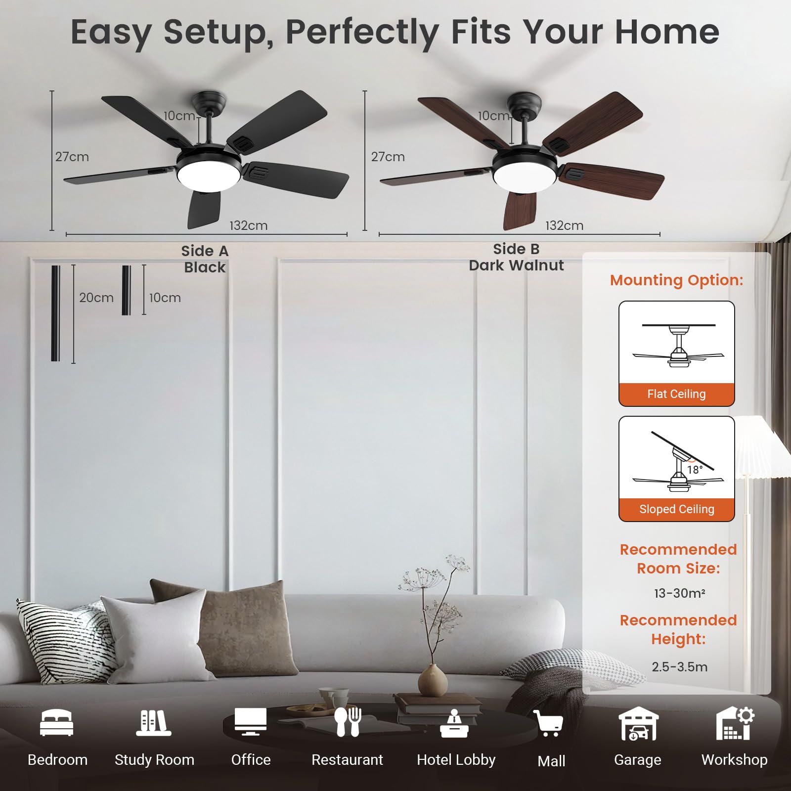 Ventilatore da Soffitto con Luce LED Ø132cm, App e Telecomando | Silenzioso, 5 Pale, Funzione Estate-Inverno, 6 Velocità, 3 Colori Dimmerabili, Timer per Camera da Letto e Soggiorno