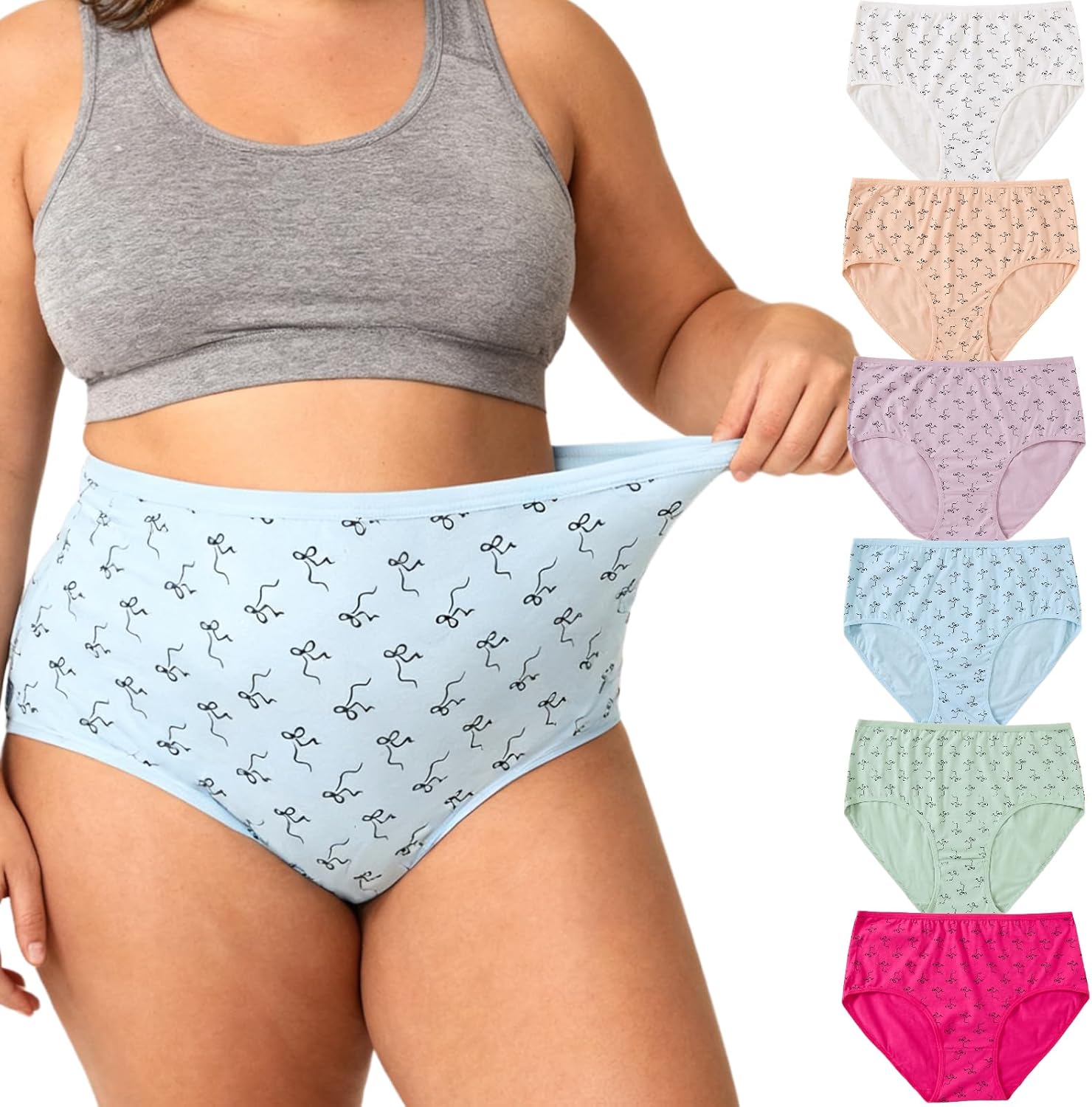 6 Pack Womens Cotton Underwear Ladies Panties Plus Size XL-5XL Mid High Waist Brief Full Coverage Comfort