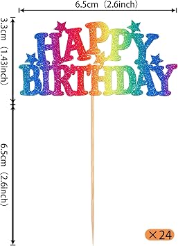 Pack of 24 Happy Birthday Cupcake Toppers Birthday Cake Decoration Glitter Happy Birthday Cake Decoration for Baby Shower Children Party Cake Decorations Rainbow