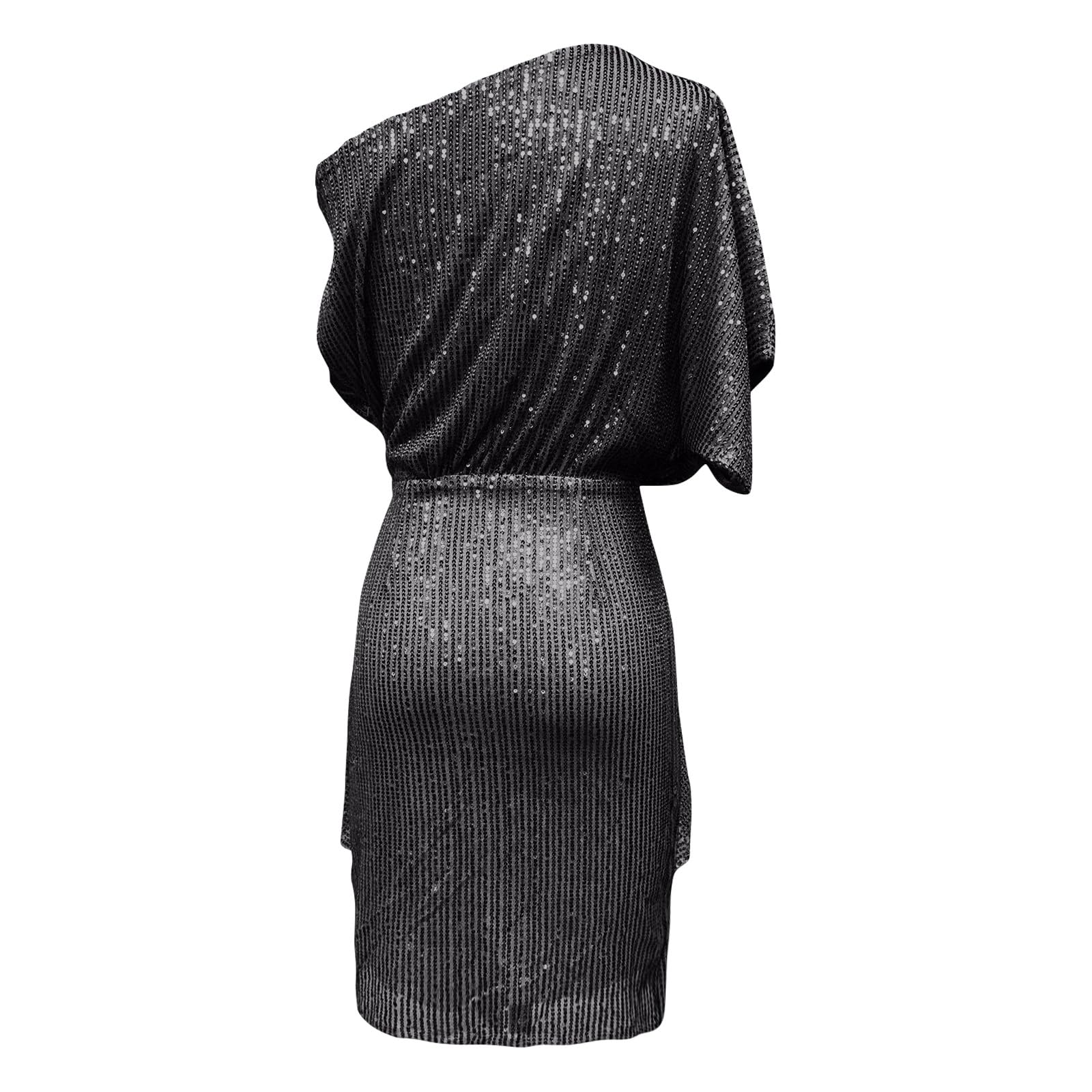 FUPODD Pailettenkleider Für Damen Elegant Slope Schulter Glitzerkleid Knielang Partykleid Silvester Kleid Glitzer Wickelkleid Festliche Kleider Pailletten Cocktailkleid Frauen Hochzeit Abendkleid