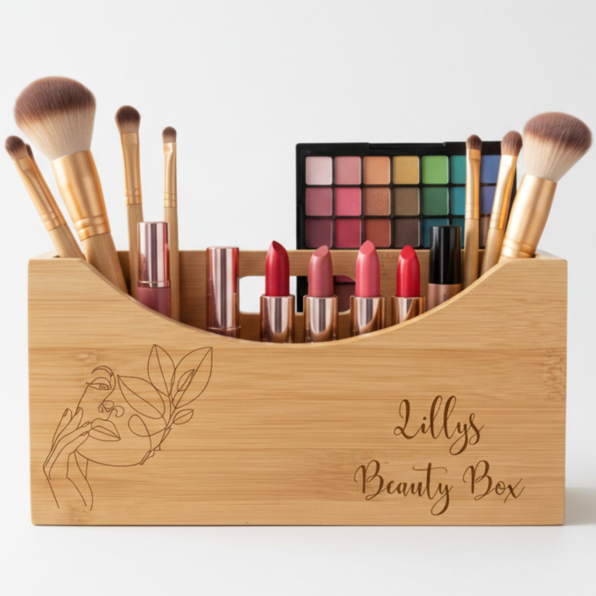 Kosmetik Organizer Bambus personalisiert – Beauty Box mit Gravur (Name), Make-up Ordnungssystem für Pinsel, Lippenstifte, Mascara & Accessoires, Geschenkidee Geburtstag & Weihnachten
