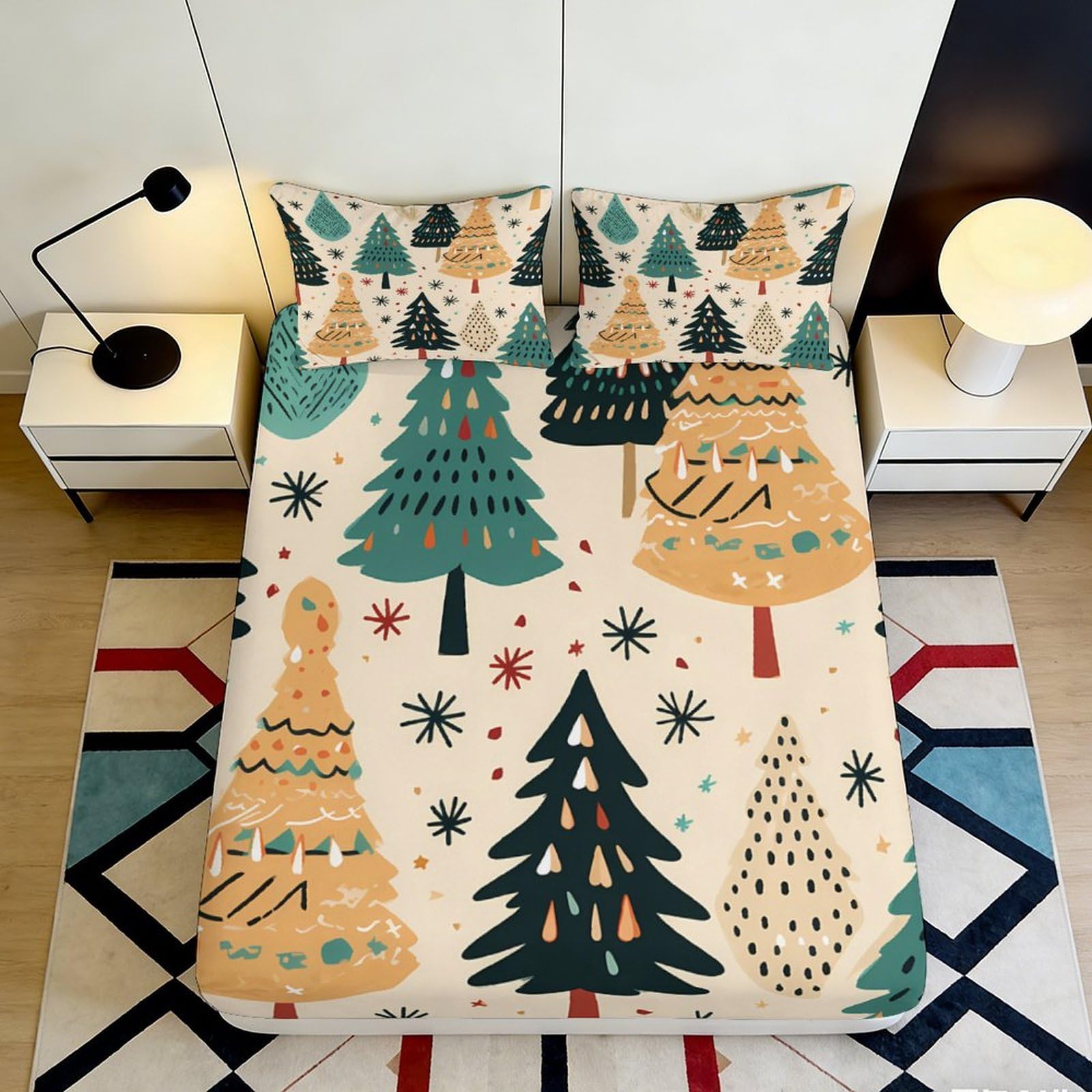 3D Printed Christmas Tree Fitted Sheet Microfiber Soft Breathable Snowflake Bed Cover for Bedroom Dorm Decor 90x200x25cm