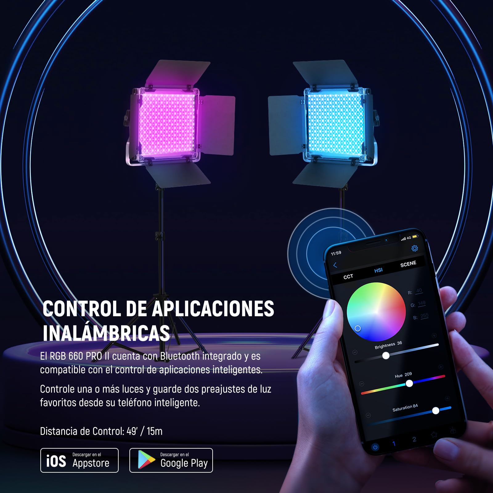 NEEWER Panel Luz de Vídeo LED RGB 660PRO II Mejorada con Control de App y Soporte, 2 Pack 50W Constantes sin Cambio de Color/1% de Atenuación Mínima Precisa/360°RGB/CRI97+/3200K~5600K para Fotografía