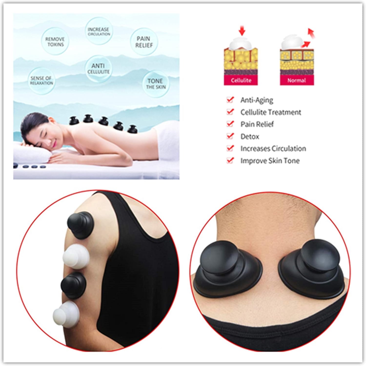 Image showing silicone cupping cups applied to a person's back and shoulder, with a diagram illustrating potential benefits like increased circulation and pain relief.