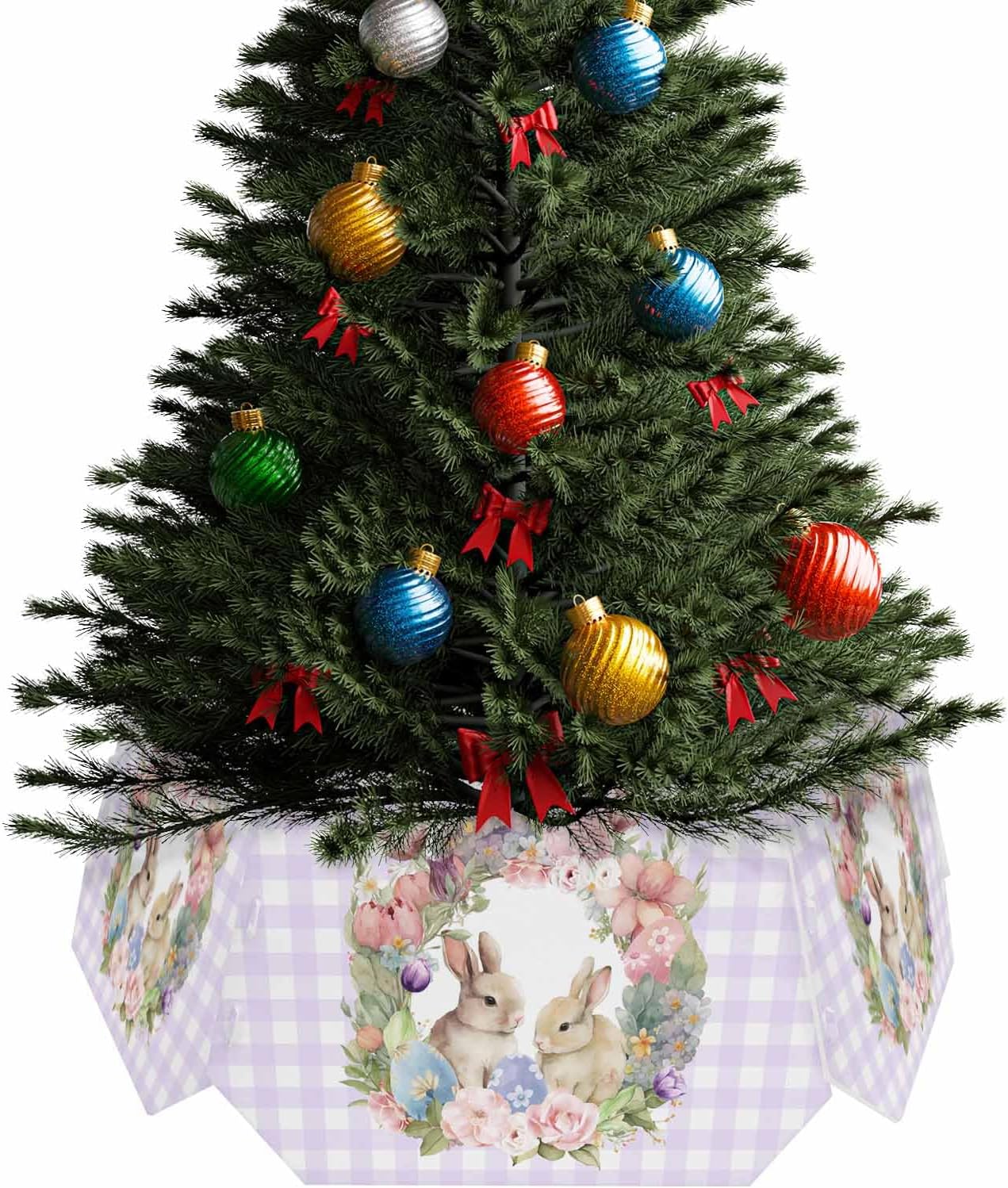 Easter Day Christmas Tree Collar Tree Box Stand Cover,Bunny Egg Floral Wreath Spring Purple Plaid Artificial/Pencil/Silm/Skinny Tree Ring 4 Packs Collapsible Tree Skirt for Christmas Xmas Tree,17"x10"