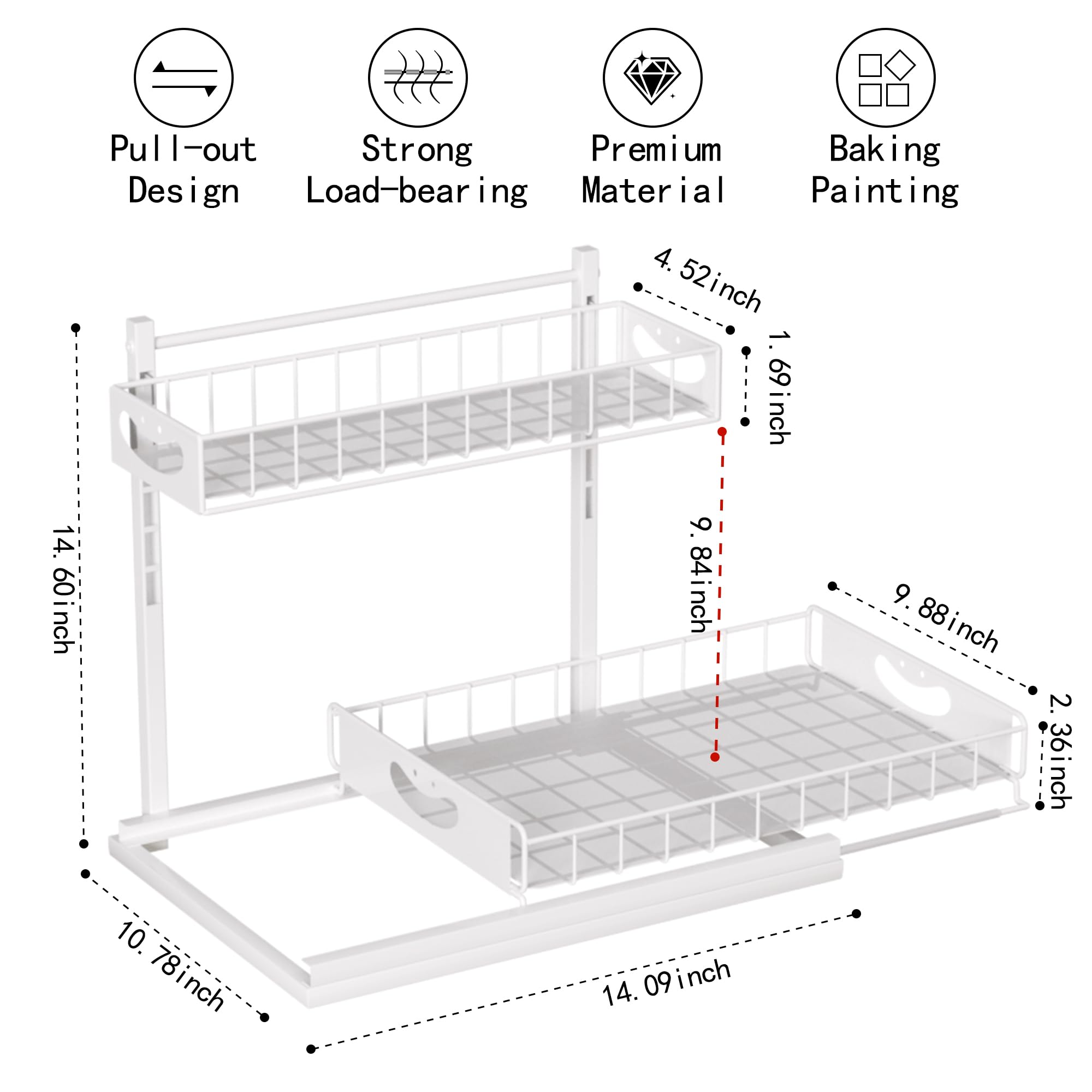 Organizzatore sotto il lavandino a 2 livelli, organizer estraibile in altezza regolabile, organizer per bagno e stoccaggio, organizer per armadietti, organizer per mobili da bagno, bianco