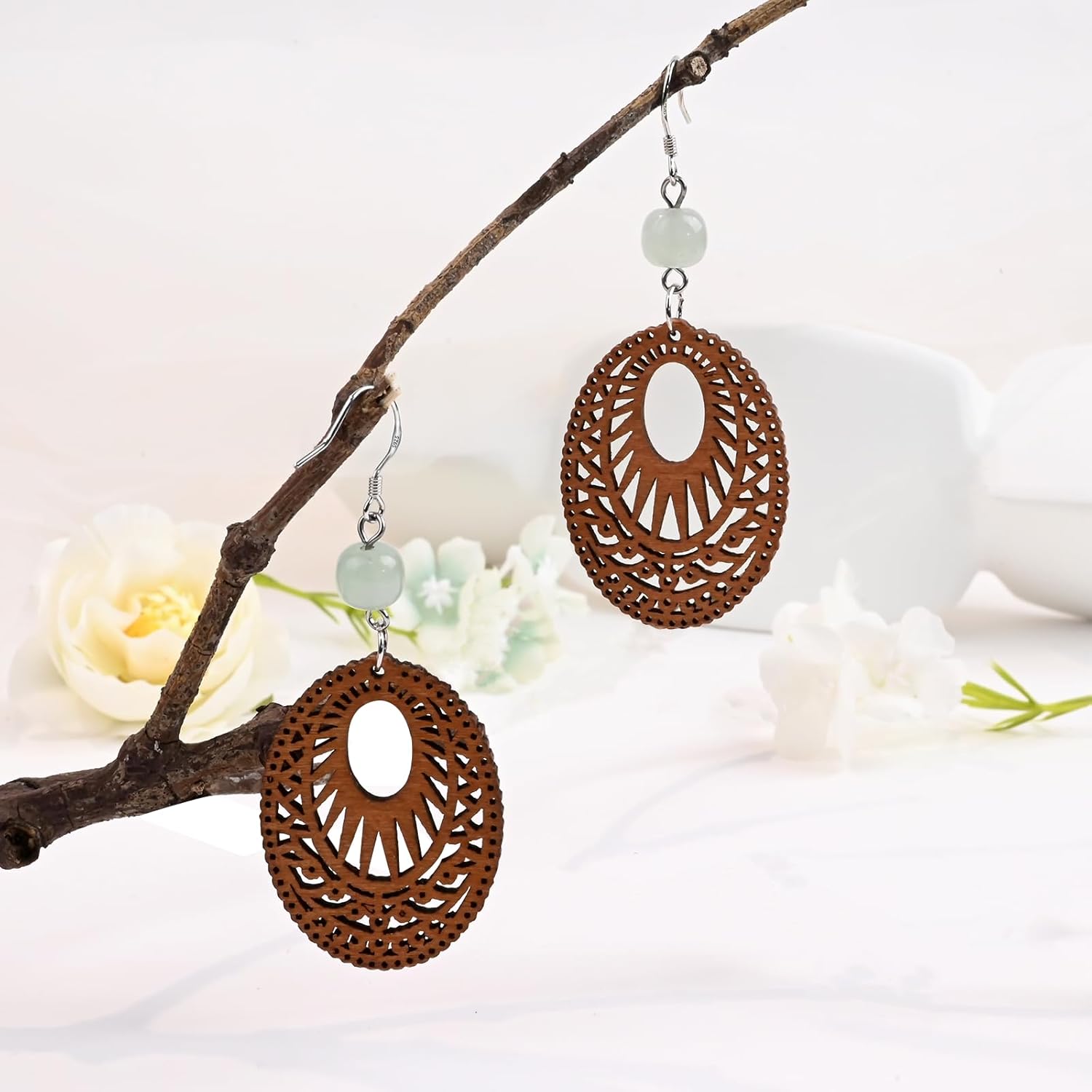 Bohemian Wooden Drop Earrings, Oval Filigree Design with Jade Beads, Boho Earrings for Silver Hook Style - Image 5