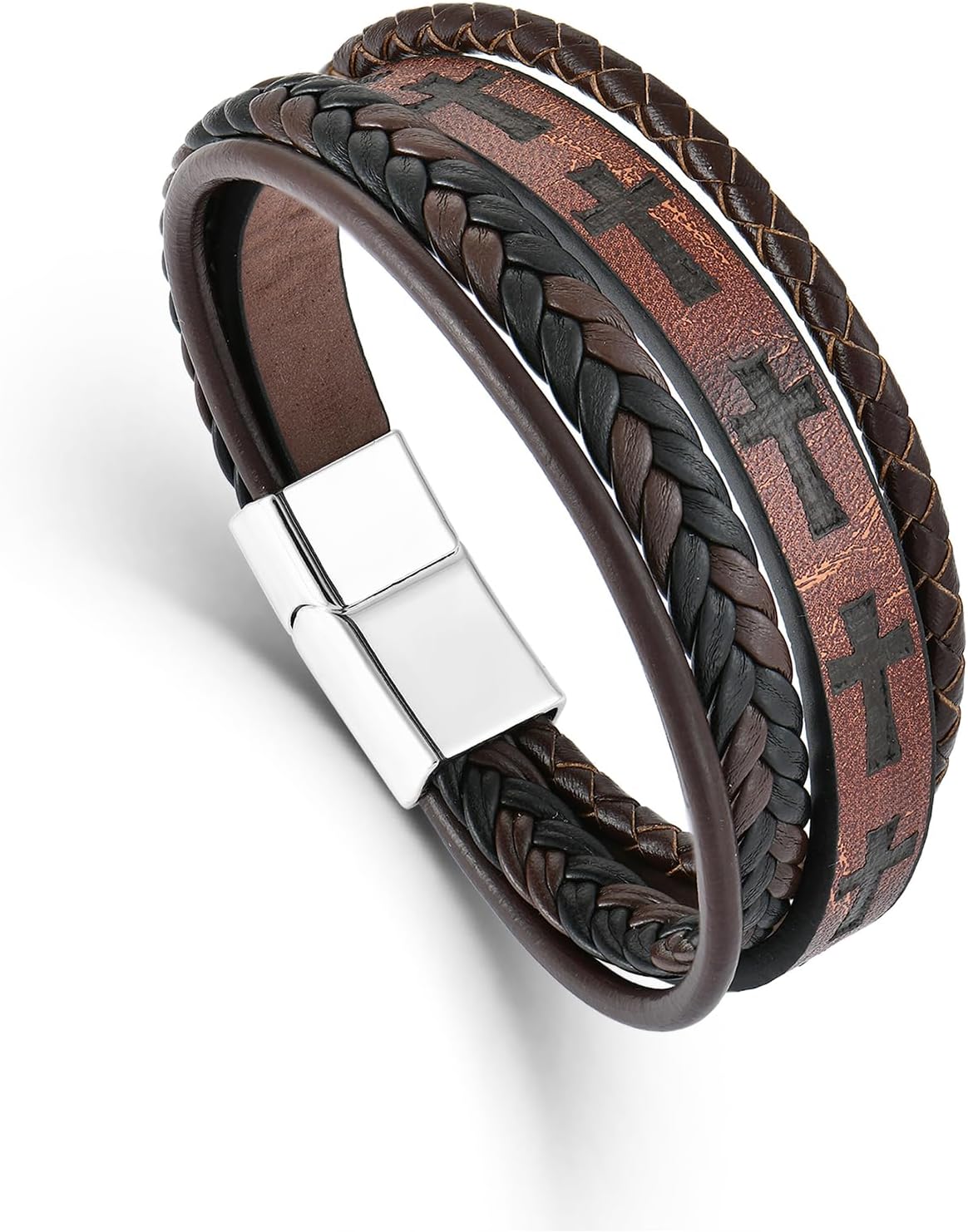 Mens Leather Cross Bracelet Multi-Layer Braided Faith Bracelet Religious Wristband Father's Day 8.5" Memory Bangle with Stainless Steel Buckle