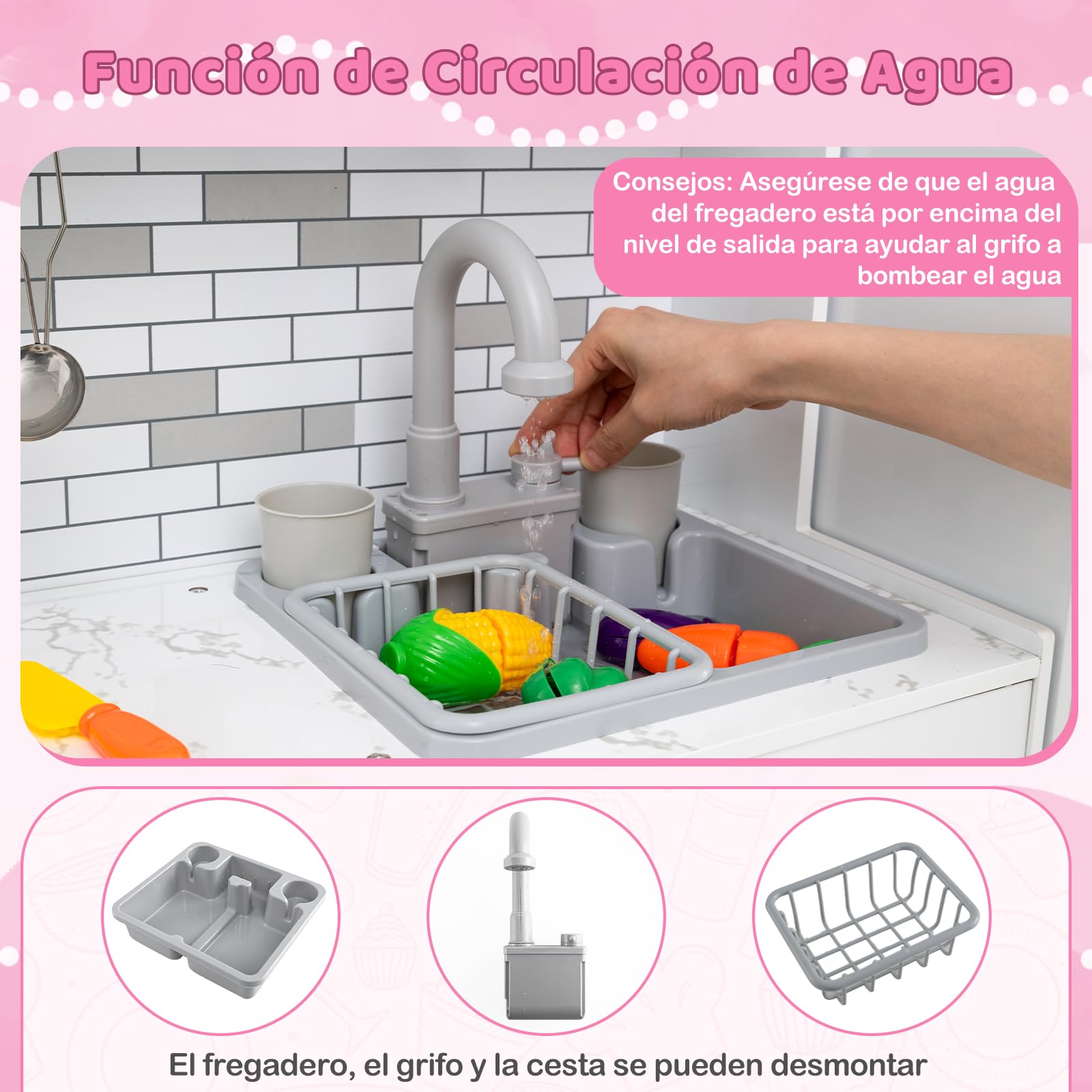 COSTWAY Cocina de Juguete Grande con Luces y Sonidos, Cocinita Infantil de Madera con Refrigerador y Microondas, Almacenamiento y Accesorios,Cocina de Juguete con Circulación de Agua (Rosa)