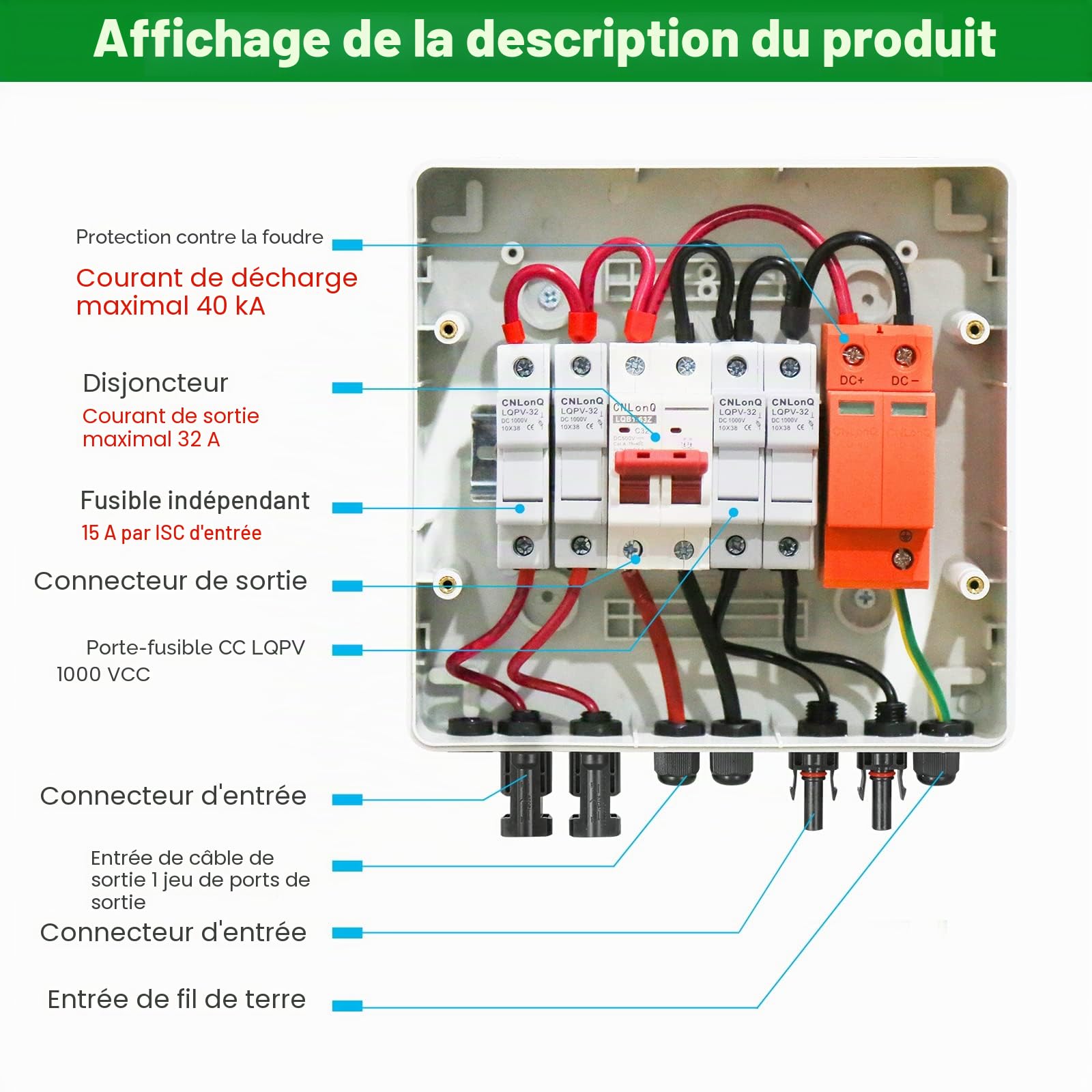 Jadeshay Boîte de Combinaison Photovoltaïque, Boîte de Jonction Solaire avec Disjoncteur 32A Parafoudre DC et Connecteur Solaire, 500V 32A 2 en 1 Sortie pour Système Solaire