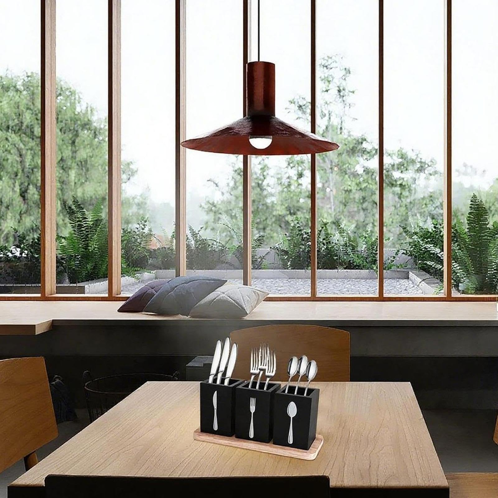 Porta Utensilios de Cocina, Porta Cubiertos, Organizador de Utensilios de Encimera de Madera con Bandeja, Organizador de Cubiertos para Cocinar Y para, Negro, tal como se describe