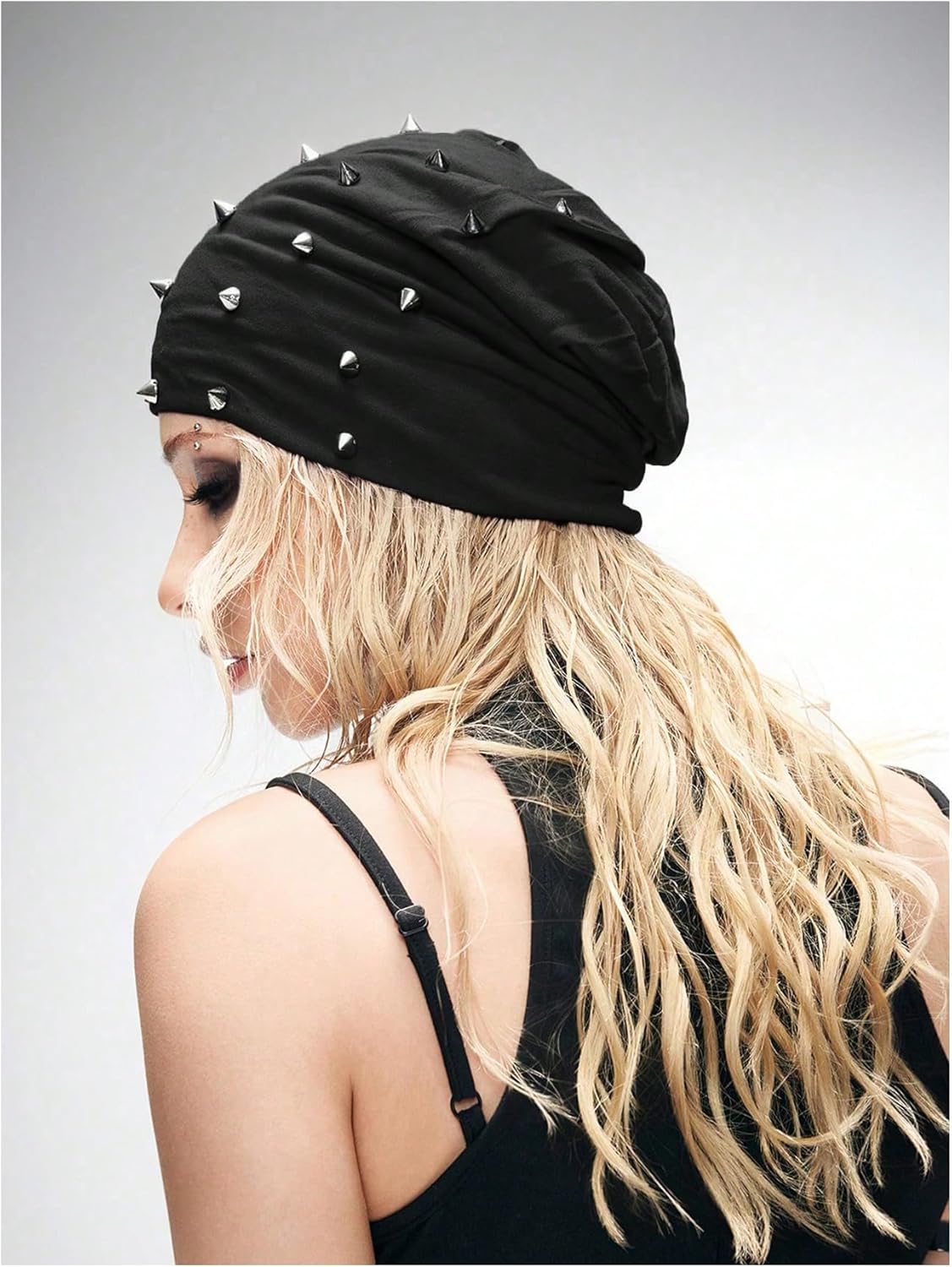WDIRARA Women's Gothic Punk Beanie Rivet Studded Rock Skull Caps Beanie Hats - Image 3